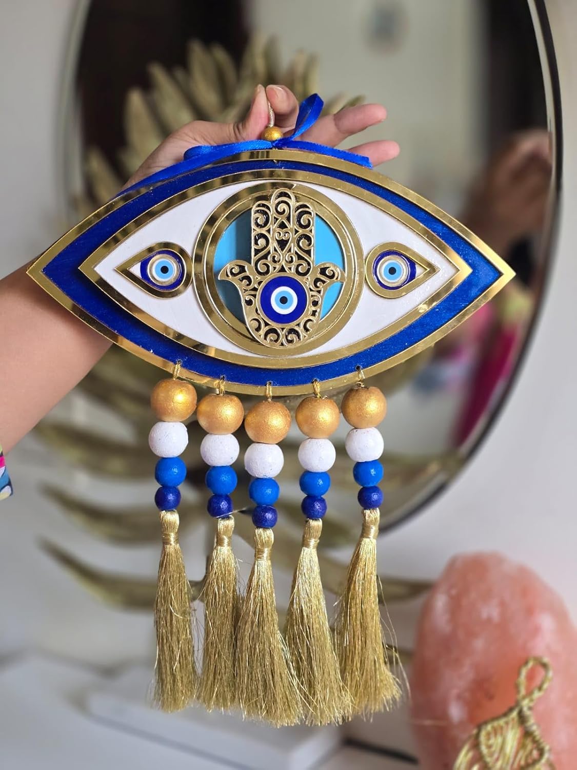 Blue Eye Blessings Hamsa Hand Evil Eye Wall Hanging – Eye-Shaped Nazar Decor with Tassels & Beads | Handcrafted Vastu & Feng Shui Protection Charm for Home, Office & Gifting - Image 3