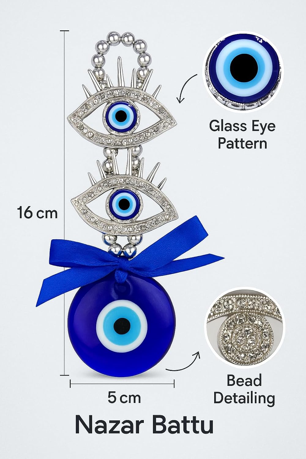 Premium Nazar Battu Evil Eye Protection Talisman for Home (16 cm) – Handcrafted Silver Beads, Thick Blue Glass Charm – Spiritual Décor for Door, Wall, Car – Auto & Family Safety Gift - Image 4
