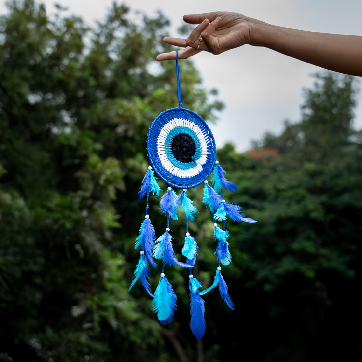 URBANFIX Evil Eye Dream Catcher – Handmade Wall Hanging with Feathers & Beads for Bedroom, Living Room, Home Decor, Positive Energy & Good Dreams - Image 6