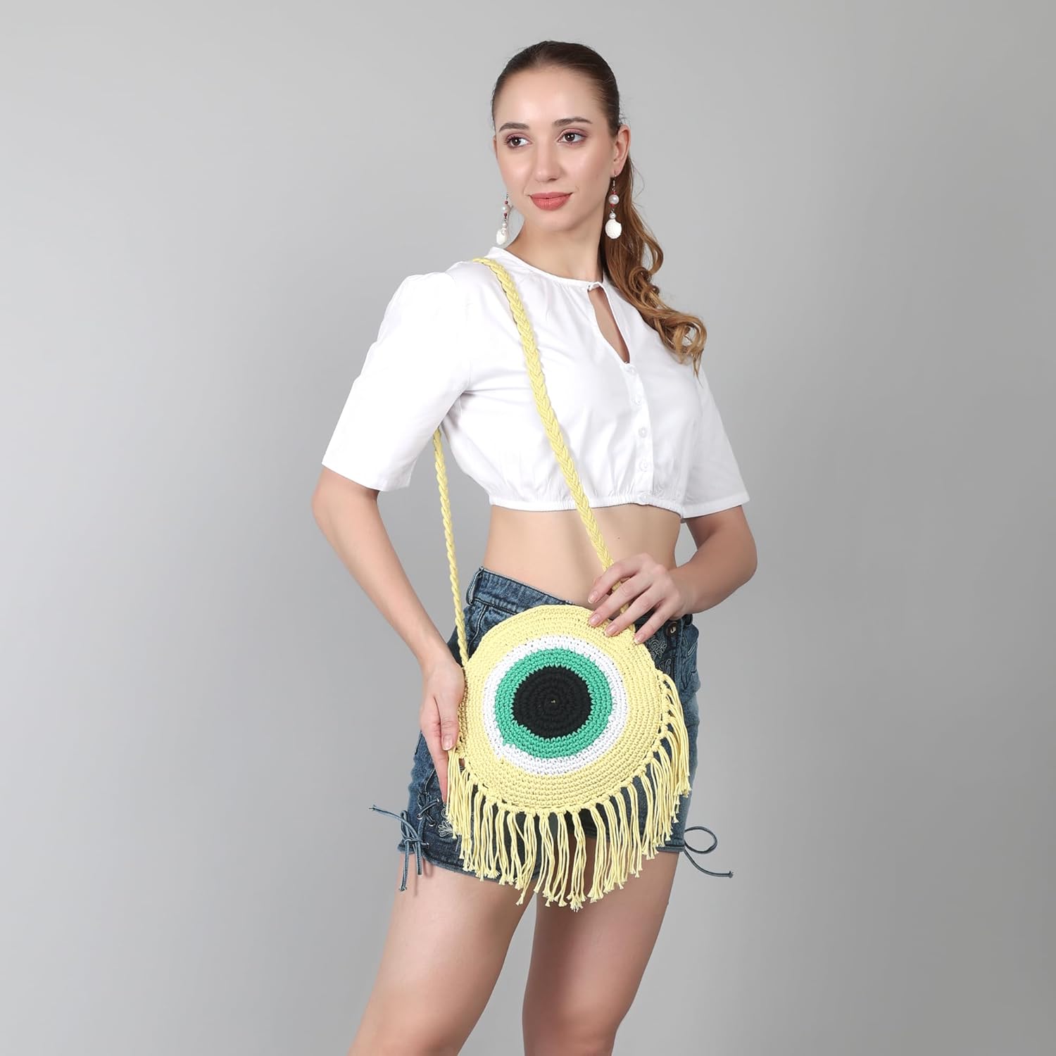 MMS Handicrafts Handmade Crochet Crossbody Bag, Round Evil Eye Design with Fringe - Image 7