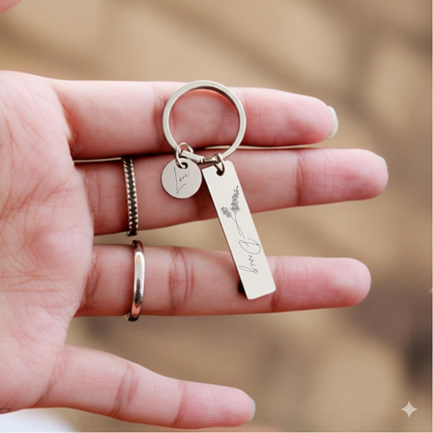 Pijera Personalized Double-Sided Stainless Steel Keychain, Custom Name and Birth Flower Engraving, Initial Charm, Silver - Image 4