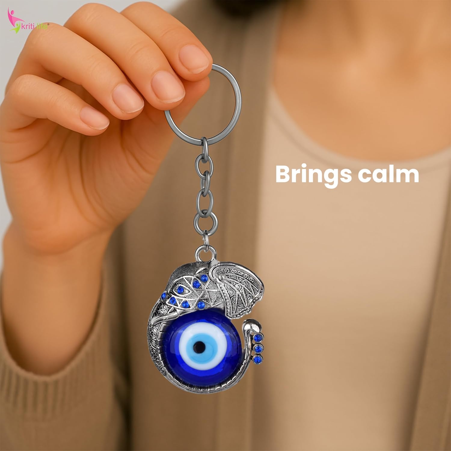 Kriti Life Elephant Evil Eye Keychain | 11 cm hight | Nazar Suraksha Keyring | Blue Evil Eye Glass Bead with Designer Elephant Metal Charm for Car, Bag & Home - Image 6