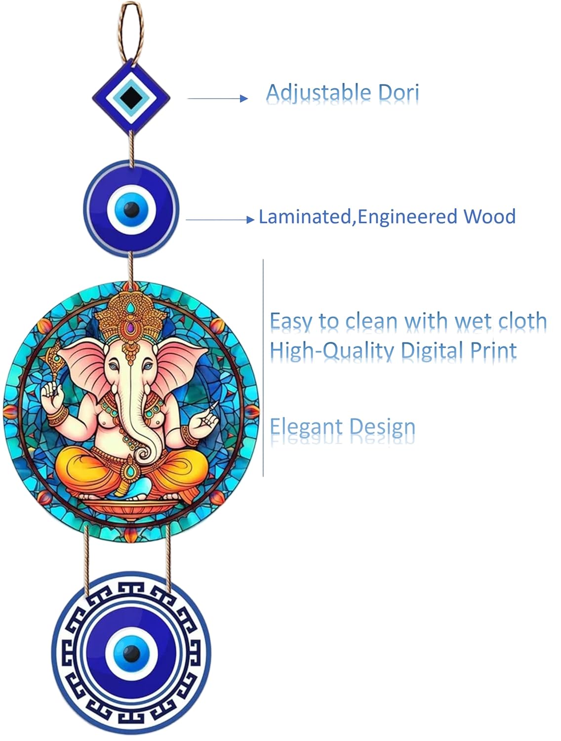 Vasu creation Ganesha Evil Eye Wall Hanging, Mosaic Design, Blue and Gold, Traditional Indian Decor - Image 3