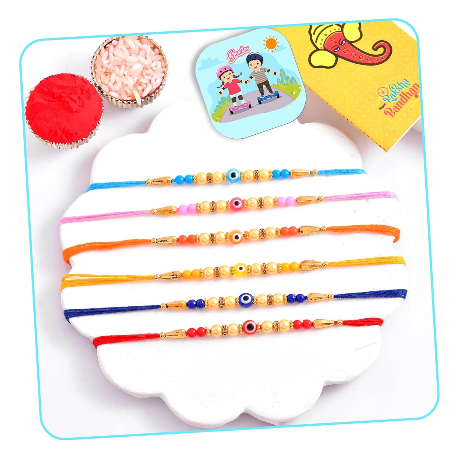 CraftVatika Design Evil Eye Rakhi Set of 6 for Brother, Rakhi Set for Bhaiya, Boy, Men, Girls, Sisters, Kids Rakhis for Rakshabandhan With Gift for Home Decor - Image 2