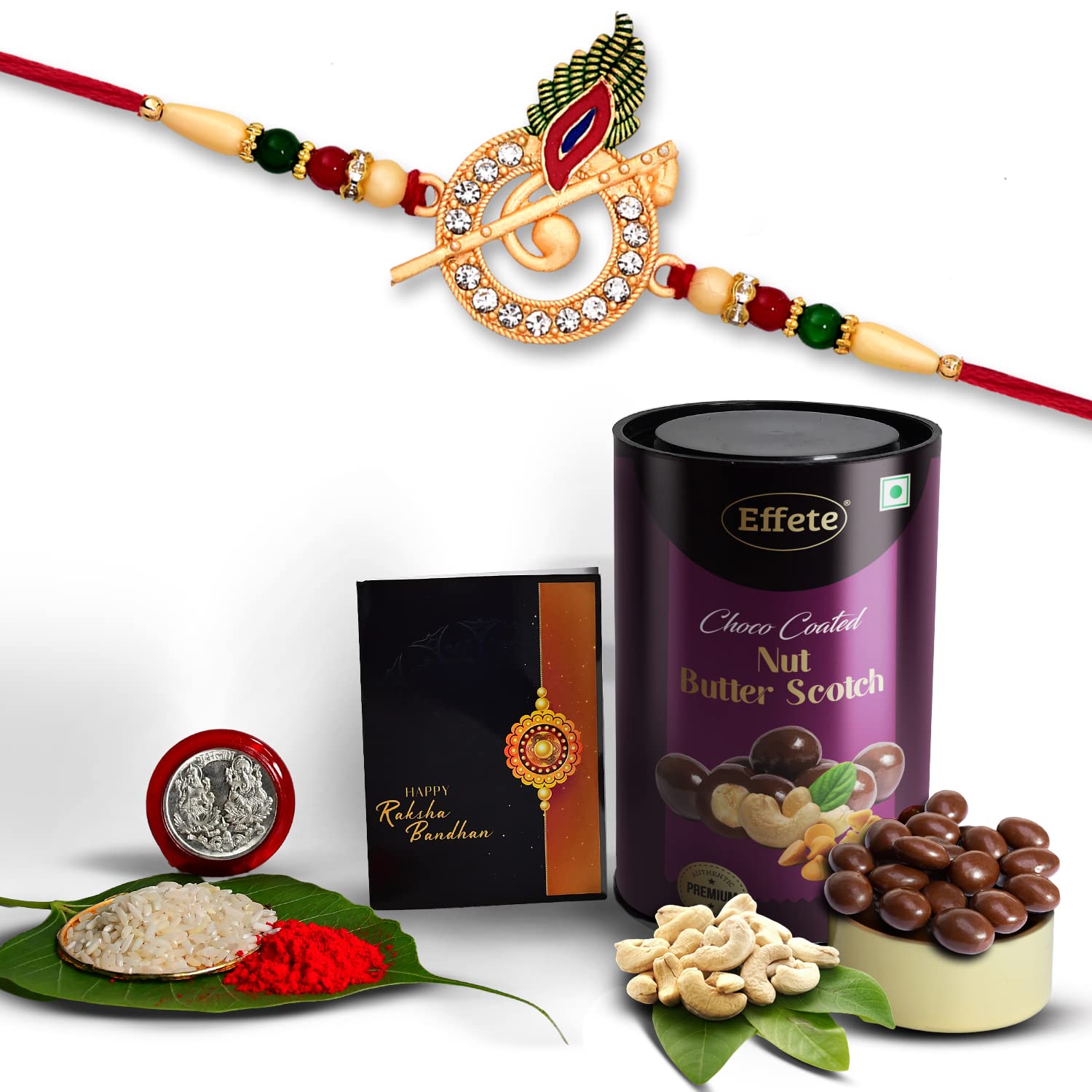 DeoDap Chocolate with Rakhi Gift for Brother – Murli Design Rakhi Set for Brother with Choco Coated Butterscotch Nuts, Silver Colour Coin & Greeting Card – Raksha Bandhan Combo For Bhai - Image 4
