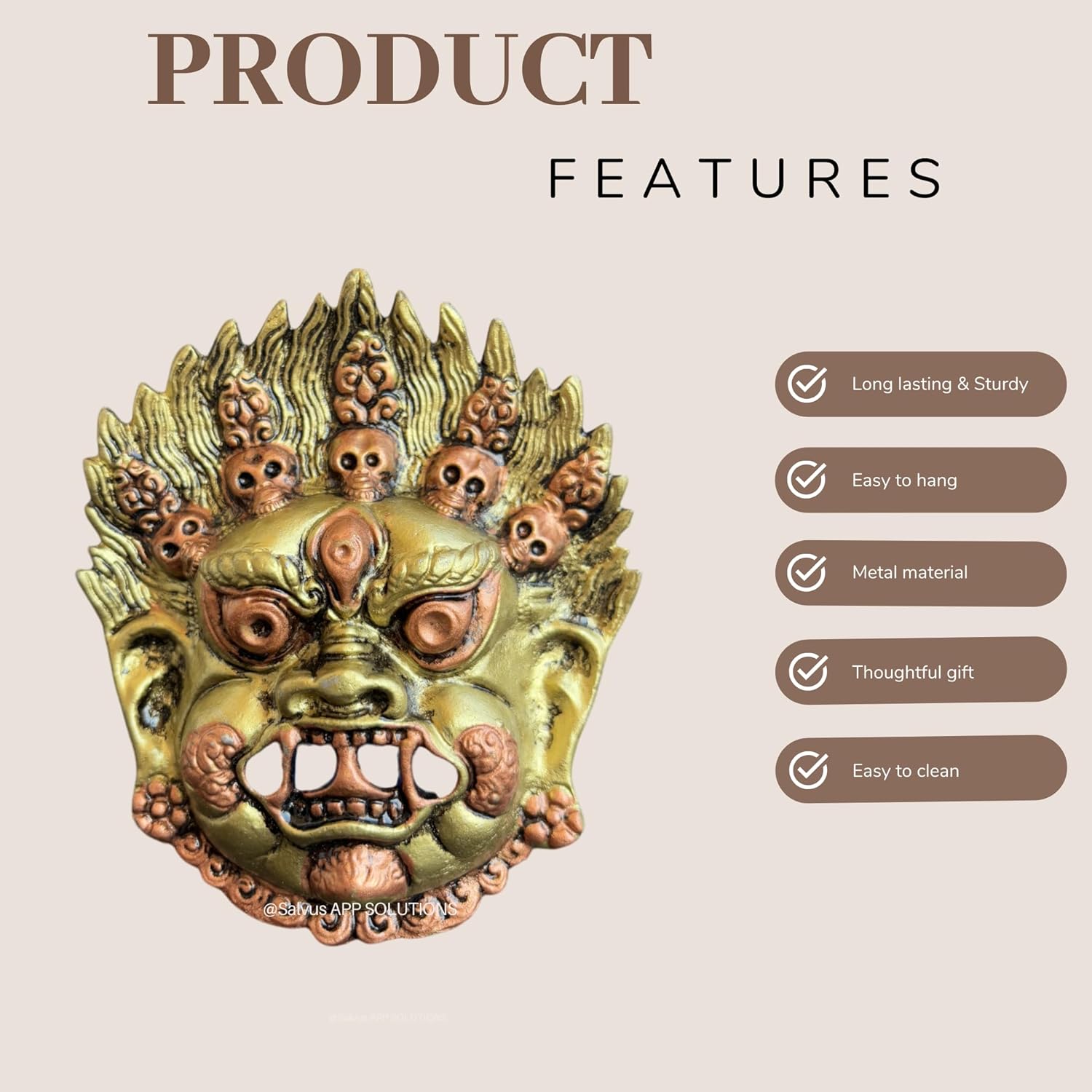 Salvus APP SOLUTIONS Exclusive Metal Gold Nazar Battu Face Mask/Wall Hanging for Evil Eye Protection Suitable for Doors, House, Office, Shops & Wall Decor (Golden_4.5x5.5 Inch) - Image 4