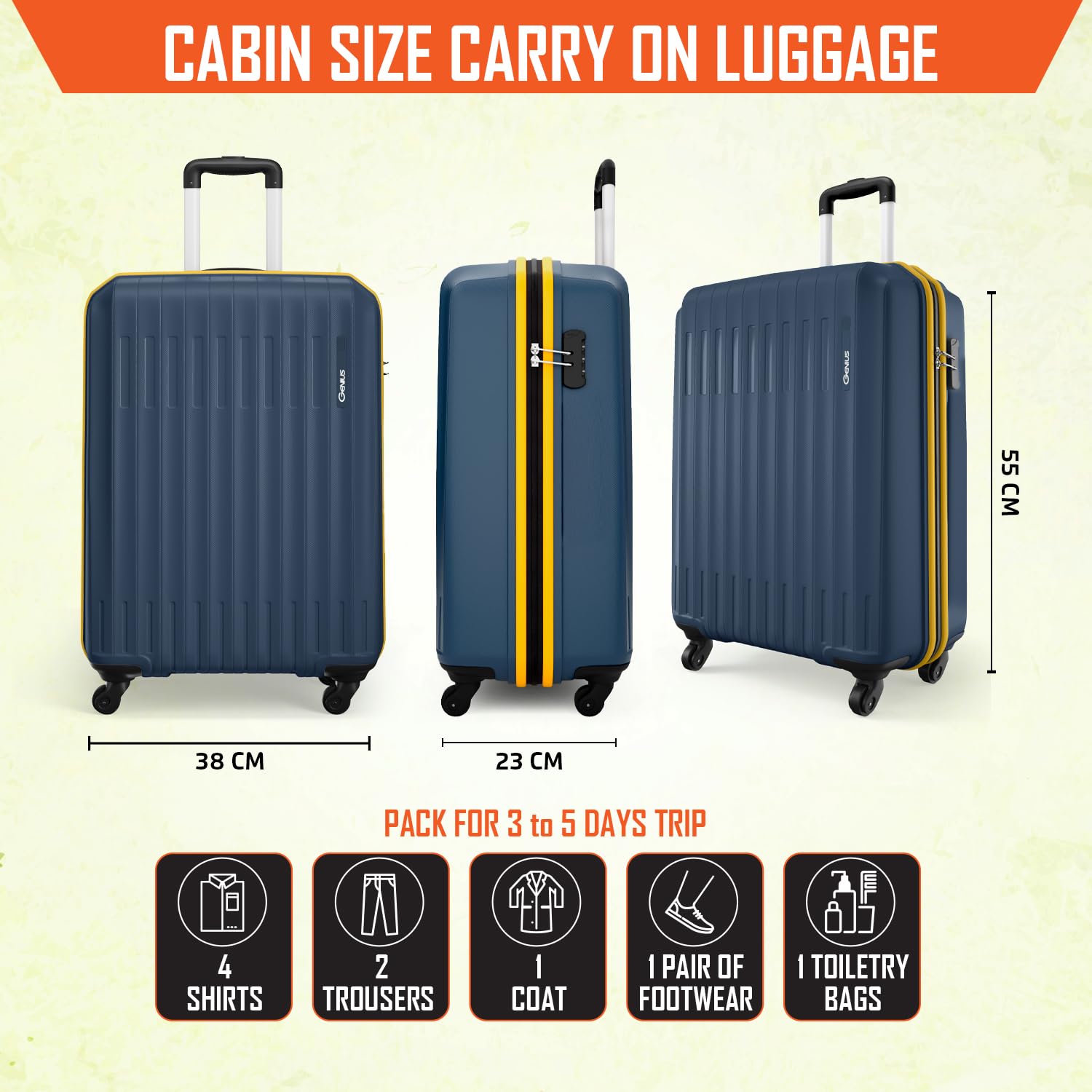Safari Genius Alley 55cm Cabin Trolley Bag Hard Case Polypropylene, 4 Spinner Wheels, 360 Degree Wheeling Carry on Luggage, Travel Bag, Suitcase for Travel, Trolley Bags for Travel, Navy - Image 8