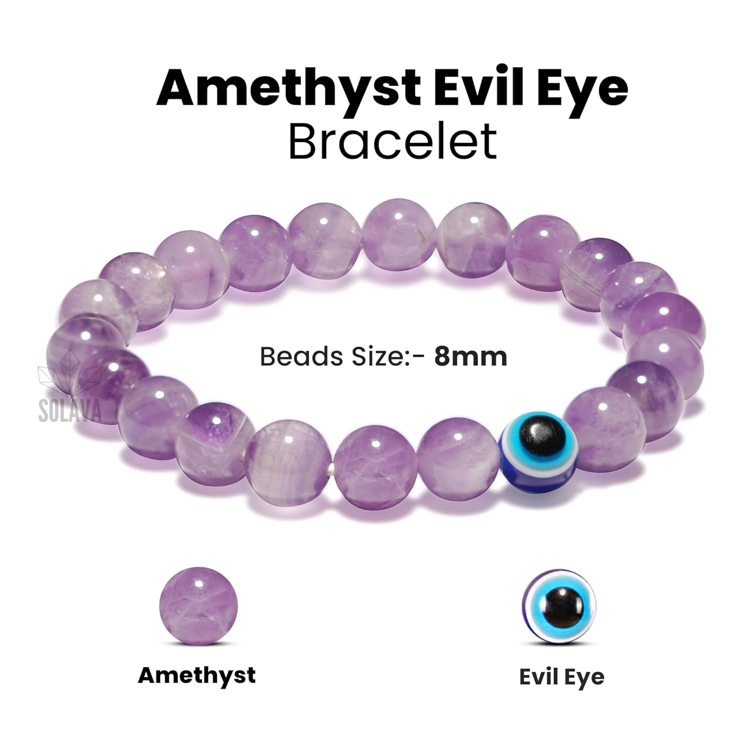 SOLAVA Original Amethyst Bracelet for Woman and Man with Evil Eye and Lab Certificate - Natural Energised Purple beads Bracelet, Evil Eye Bracelet for Protection, Healing and Mental Peace - 8MM Beads - Image 5