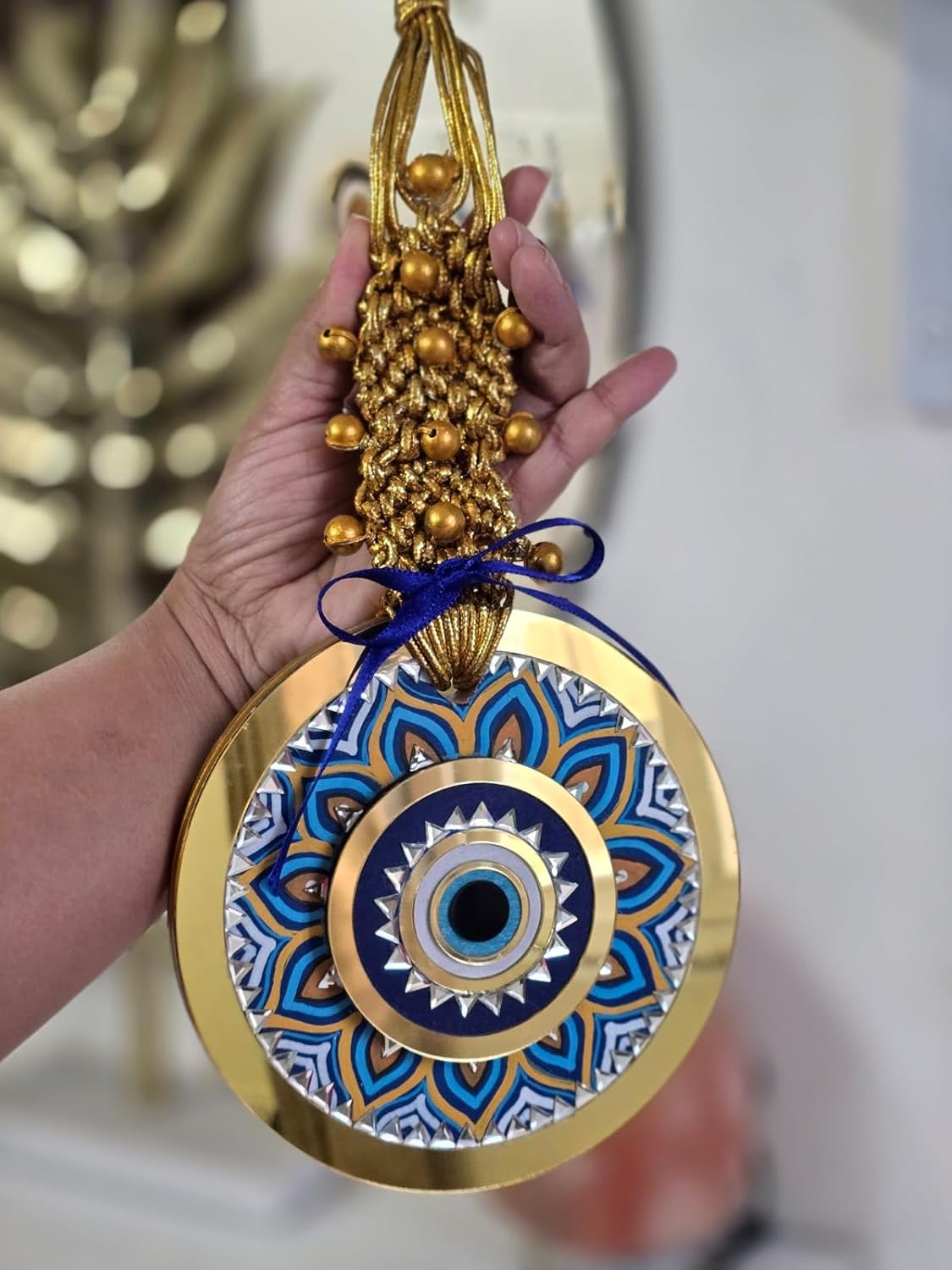 Blue Eye Blessings Mandala Evil Eye Wall Hanging with Golden Macrame Top | Handcrafted Boho Protection Decor for Home and Gifts - Image 3