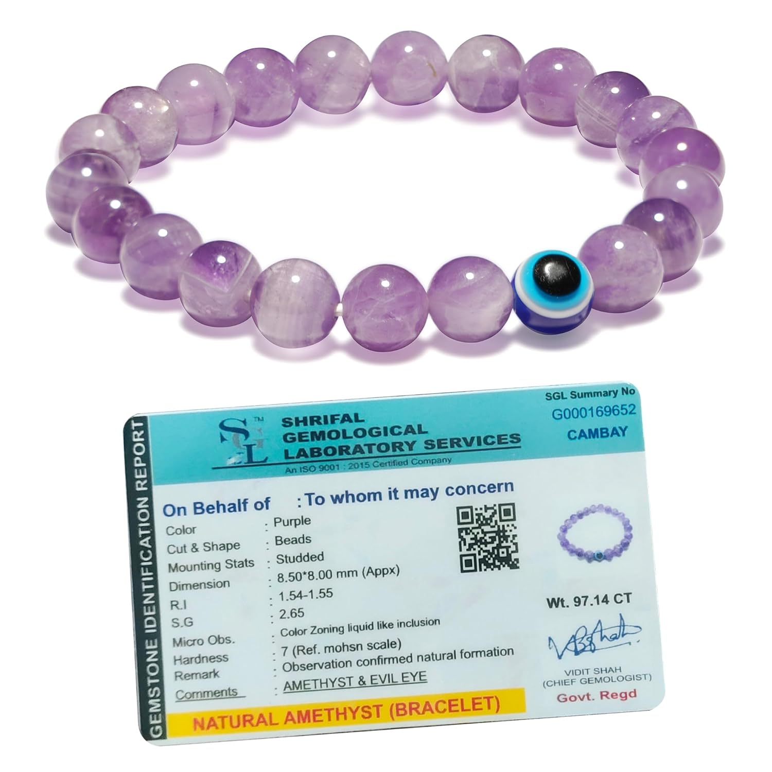 SOLAVA Original Amethyst Bracelet for Woman and Man with Evil Eye and Lab Certificate - Natural Energised Purple beads Bracelet, Evil Eye Bracelet for Protection, Healing and Mental Peace - 8MM Beads - Image 2