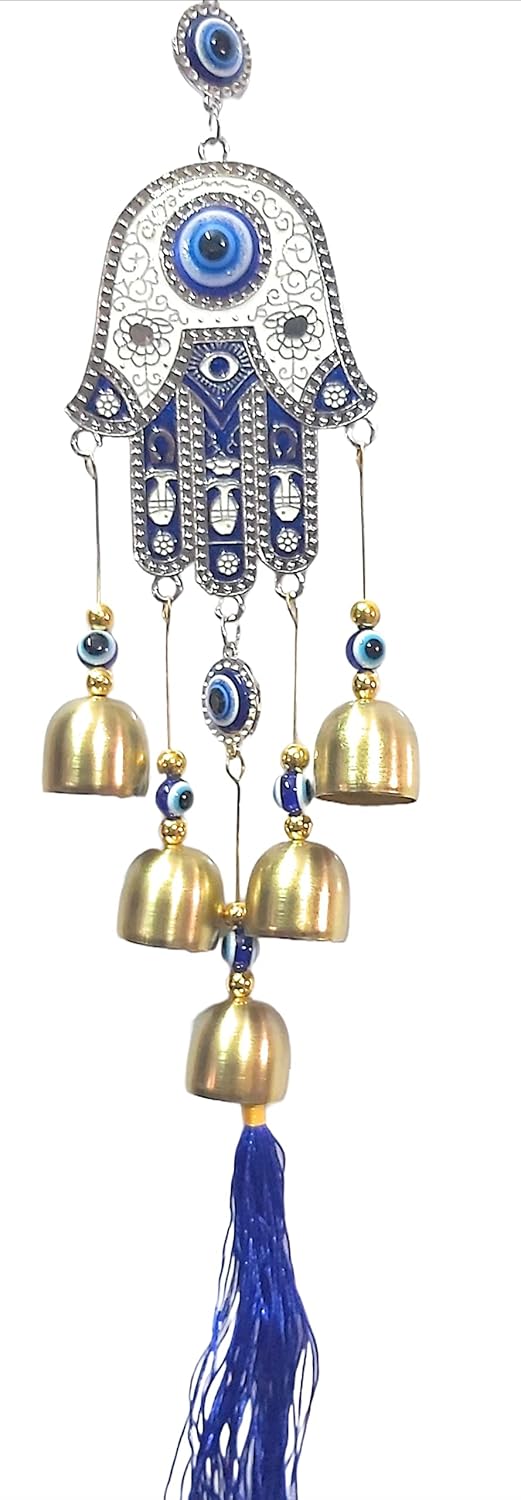 Goodmarts Blue Turkish Evil Eye Hanging for Home Entrance Wall, Door, Car Protection, Prosperity, Charm & Luck, Evil Eye Charm Set of 1 Gift Item 20 cm. (Hamsa with Bell) - Image 4