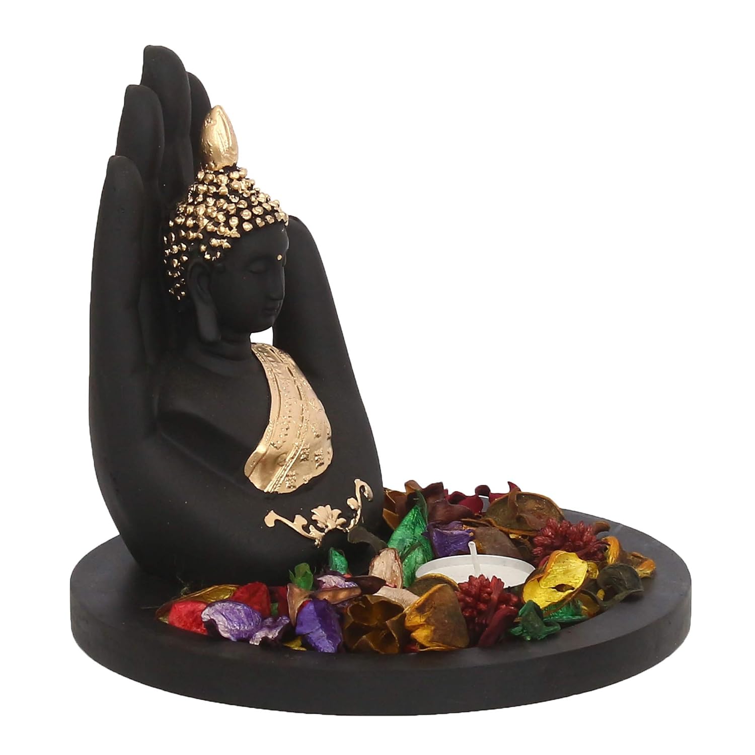 eCraftIndia Black Golden Resin Palm Buddha Statue Tea Light Holder| Lord Buddha Statue for Living Room| Gautam Buddha Idol for Home Decor|God Idol Showpiece Gift for Diwali Buddha Purnima Housewarming - Image 4