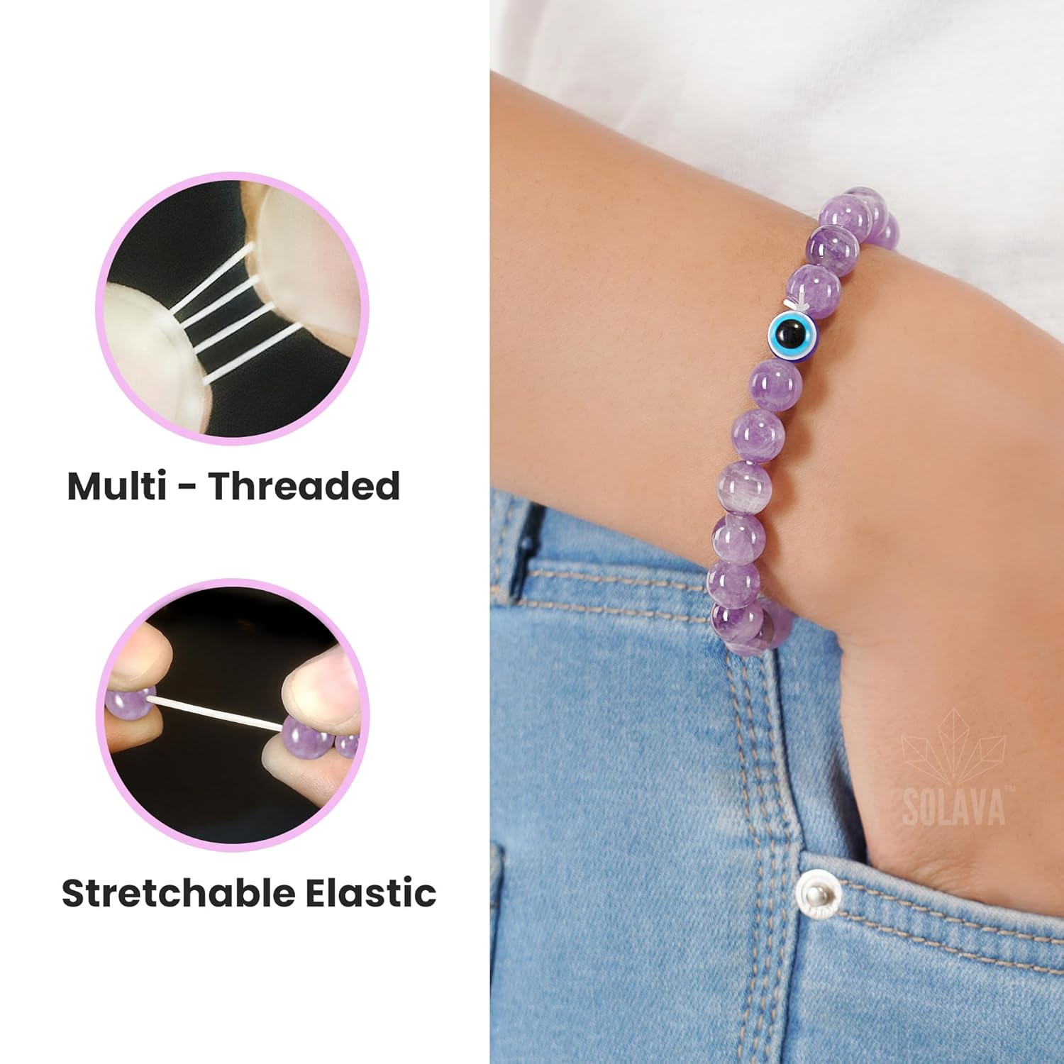 SOLAVA Original Amethyst Bracelet for Woman and Man with Evil Eye and Lab Certificate - Natural Energised Purple beads Bracelet, Evil Eye Bracelet for Protection, Healing and Mental Peace - 8MM Beads - Image 4