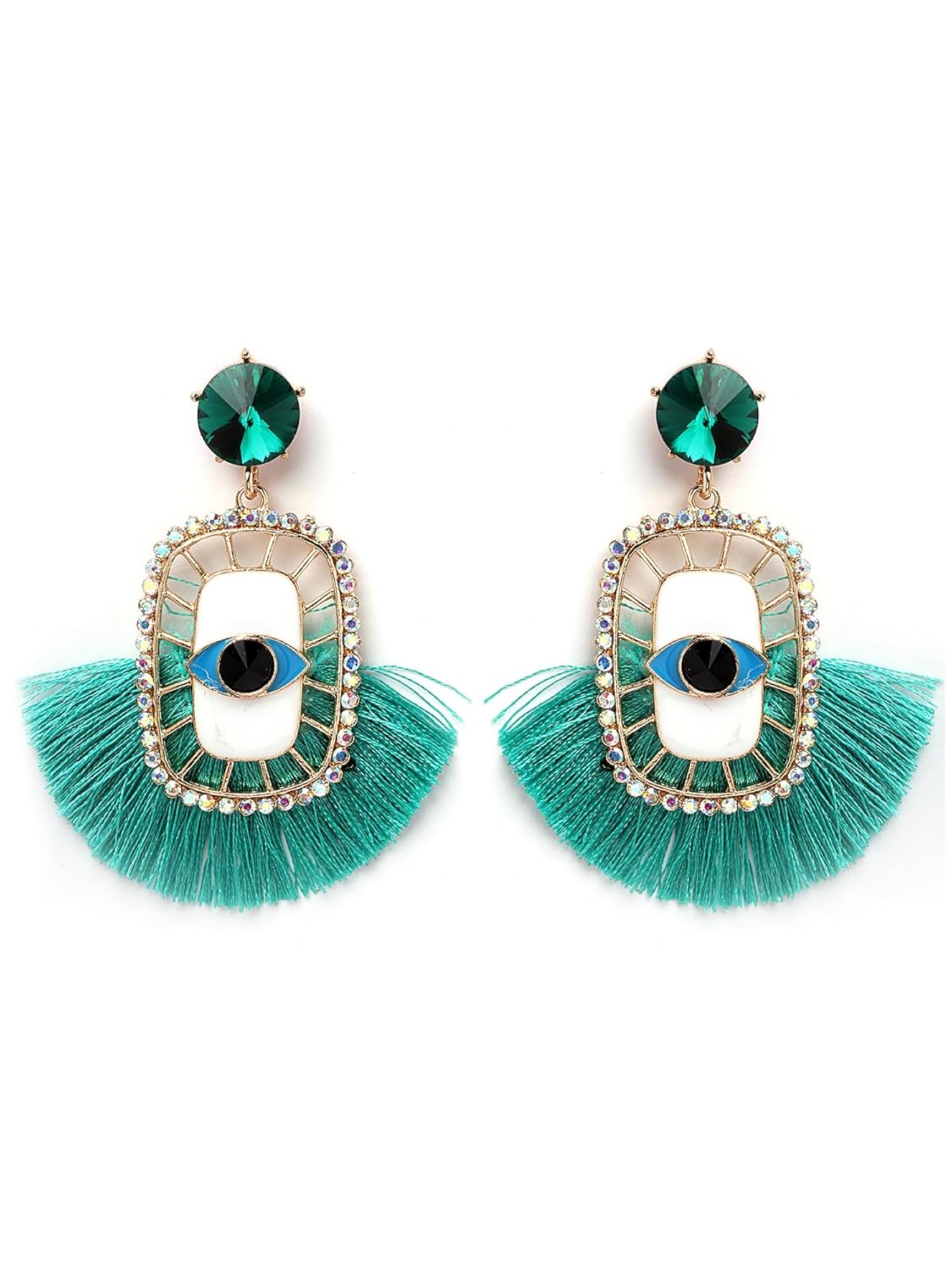 KARATCART Gold Plated Green Evil Eye Tassel Dangle Earrings with Rhinestone Detailing for Women and Girls - Image 2