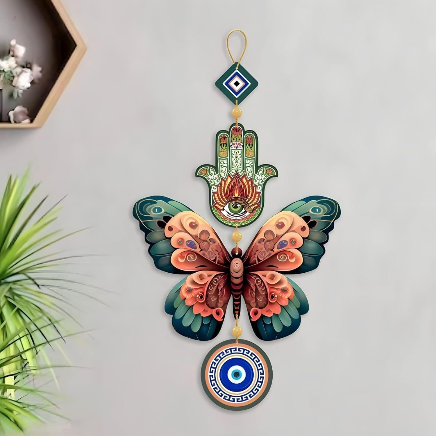 Looy Hanging Butterfly Ornament with Hamsa Hand and Evil Eye Charms, (38 X 18 Centimeter) (Fish Green) - Image 3