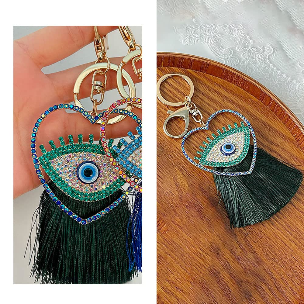 YONGYAN Crystal Heart Evil Eye Keychain Charm Pendant Fashion Tassel Cute Car Keyring Handbag Accessories for Women (Green), Green, Small - Image 5