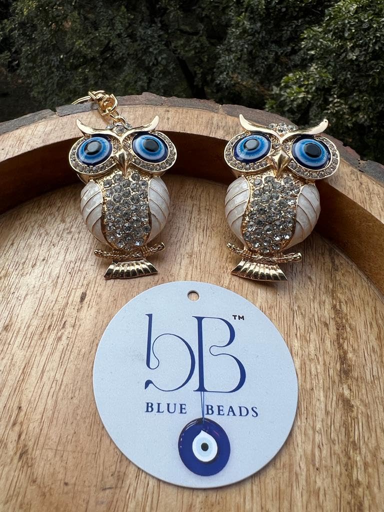 BLUE BEADS Combo Gold with Evil Eye Crystal Rhinestone Sparkling Owl Fridge Magnet and Keychain Handbag Charm For Women (White) - Image 7