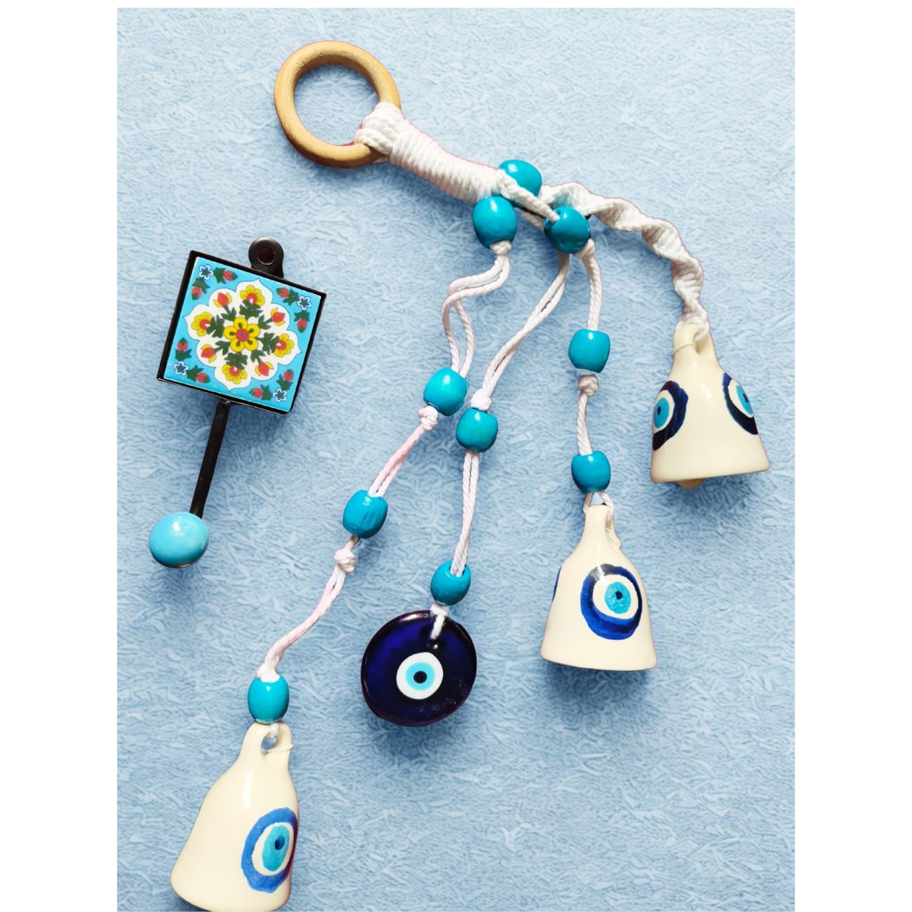 Shopping Shots Macrame Symphony Chimes | 3 Evil Eye (mini) Bells (Height 3 inches) & 1 Glass Made Evil Eye Pendant Hand Knitted with Macrame Threads and Colorful Beads. Ceramic Hook Included - Image 2