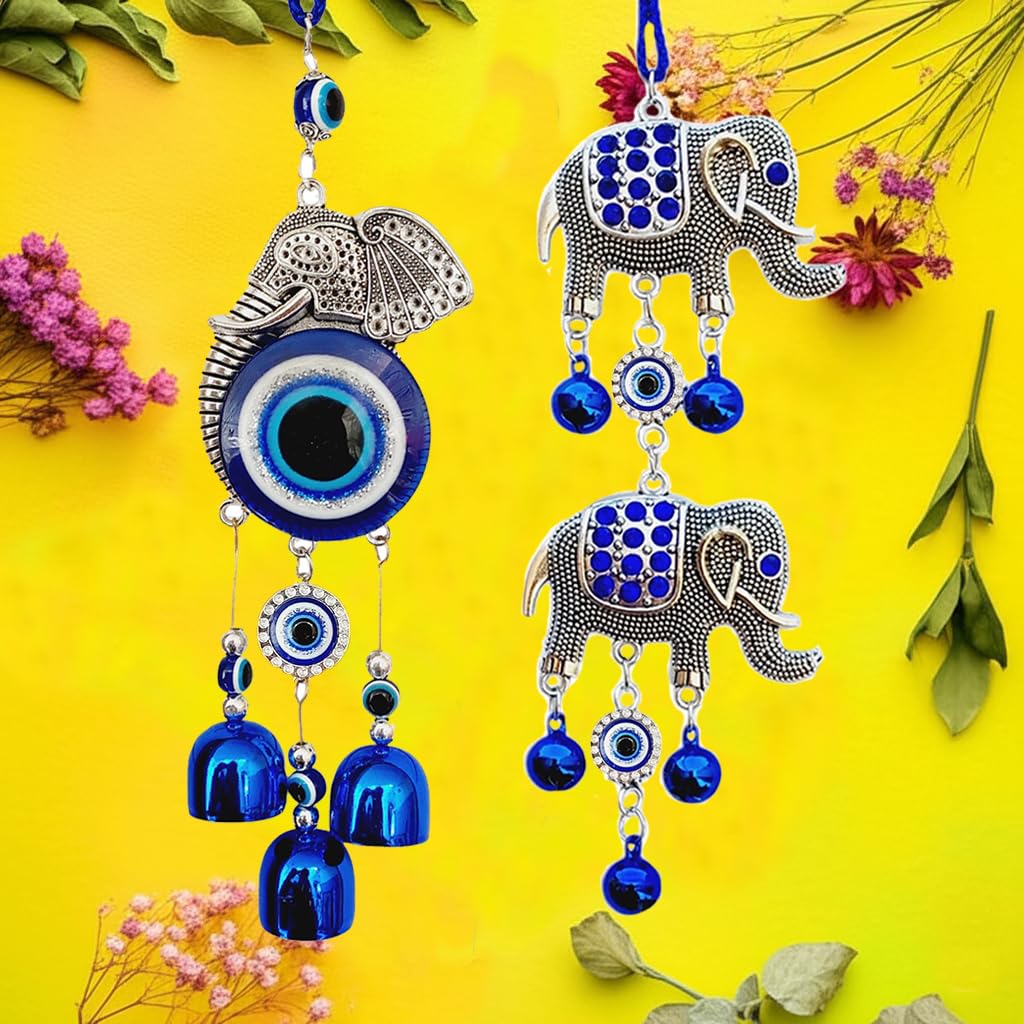 Snabs Evil Eye Car Mirror Hanging Accessories, Elephant Nazar Battu Ornament Wall Hanging for Protection, Good Luck Charm and Prosperity, Set of 2, 26 cm - Image 2