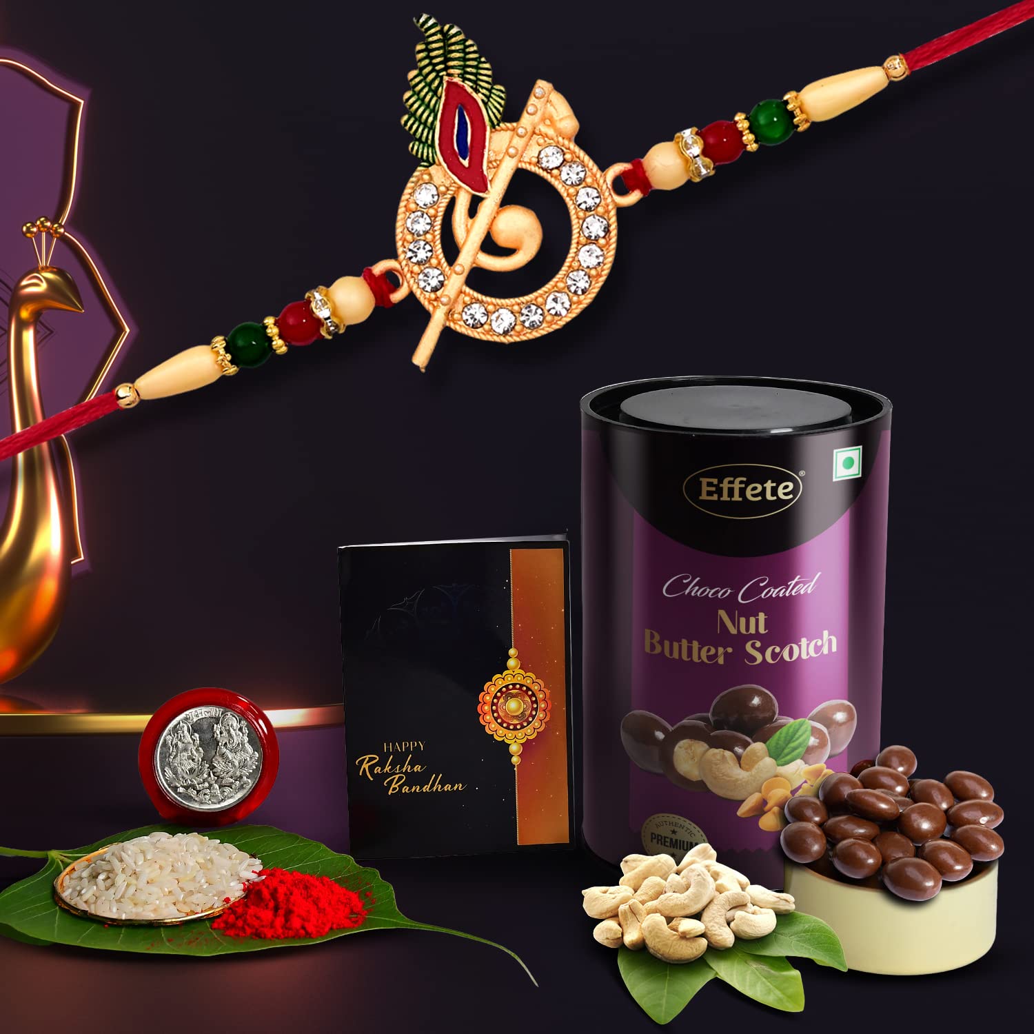 DeoDap Chocolate with Rakhi Gift for Brother – Murli Design Rakhi Set for Brother with Choco Coated Butterscotch Nuts, Silver Colour Coin & Greeting Card – Raksha Bandhan Combo For Bhai - Image 2