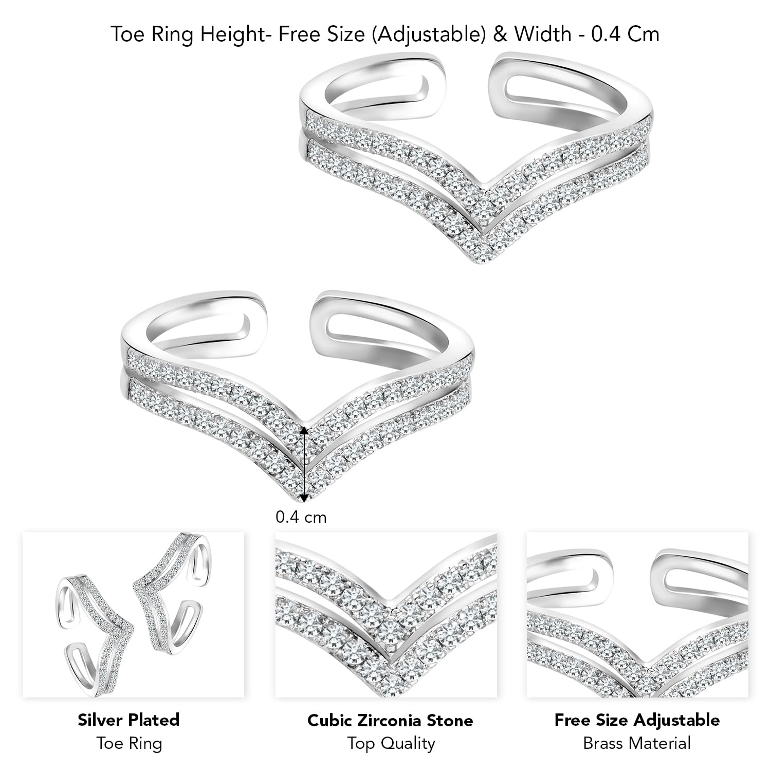 Peora Cubic Zirconia Studded Adjustable Toe Rings Stylish Bichiya Jewellery for Women - Image 6