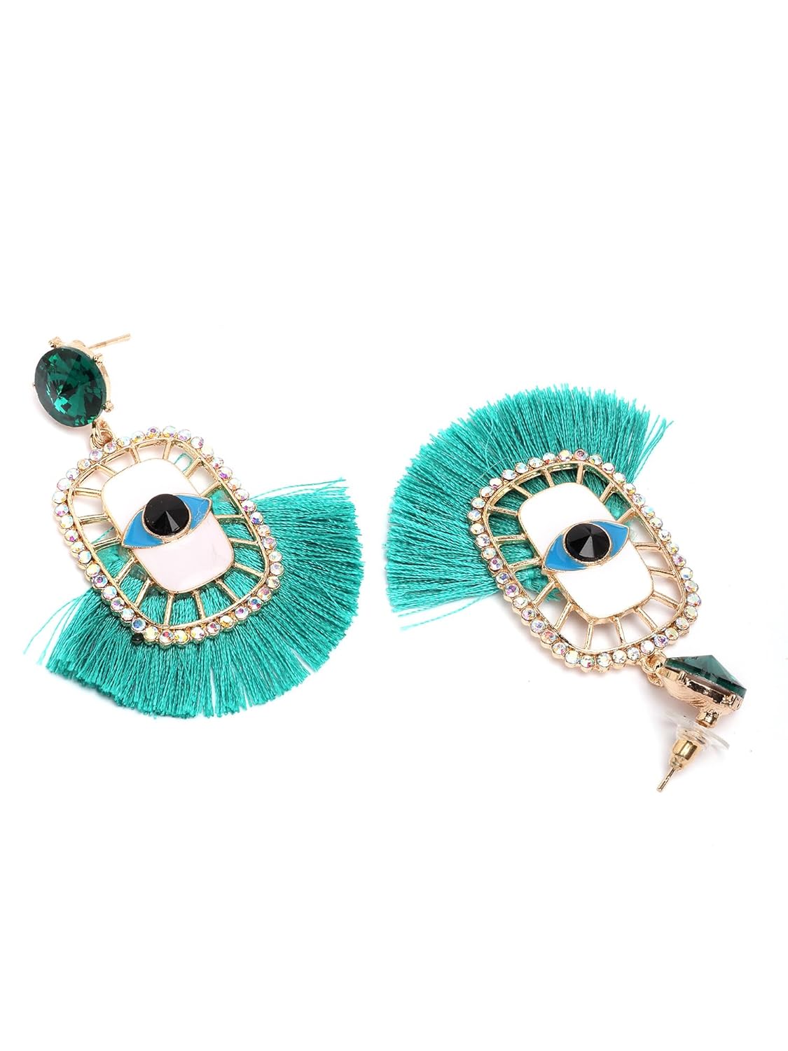 KARATCART Gold Plated Green Evil Eye Tassel Dangle Earrings with Rhinestone Detailing for Women and Girls - Image 6