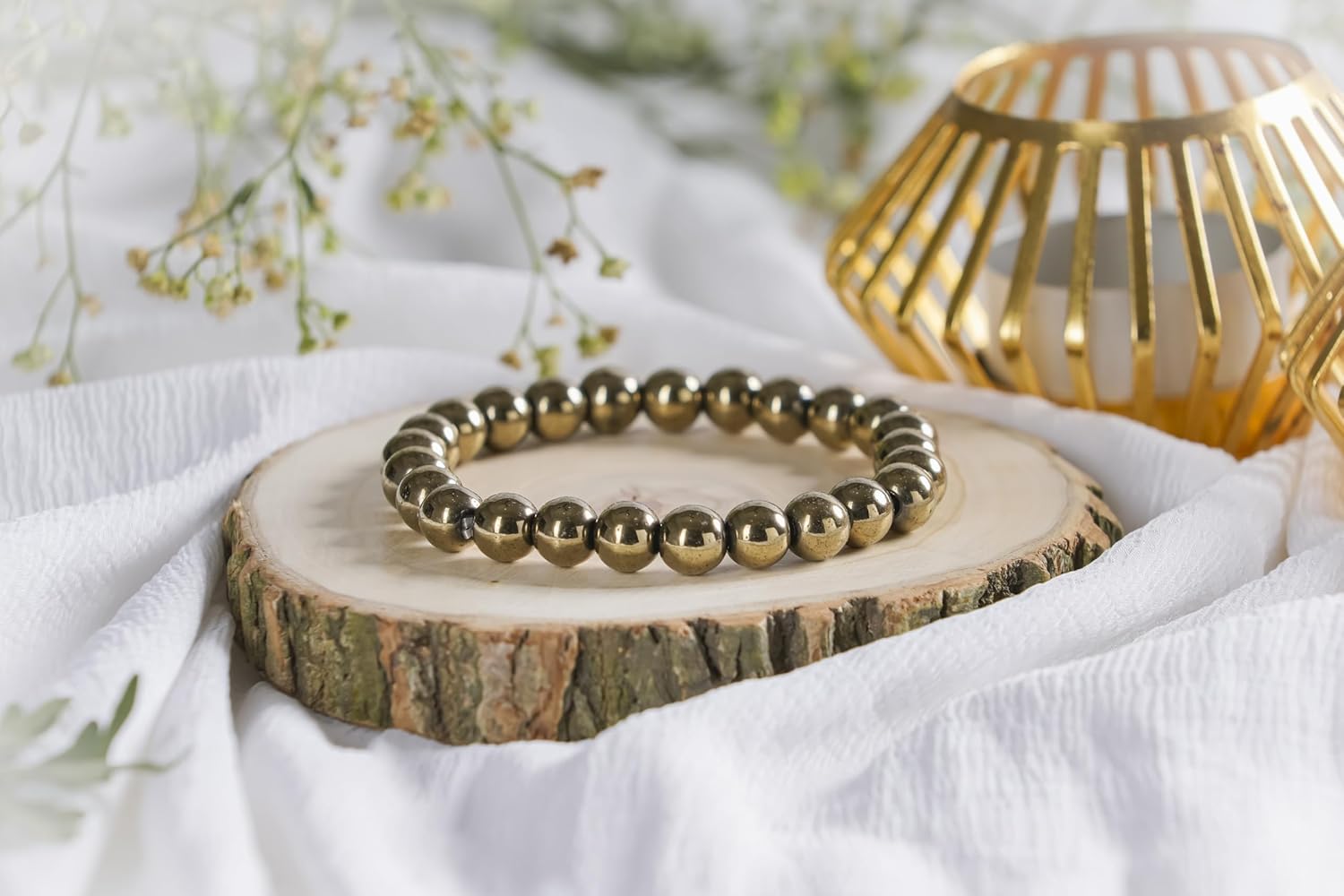 REBUY Pyrite Bracelet Money Magnet Bracelet Natural Gemstone Chakra Bracelet Reiki Healing Jewelry for Men & Women, Bead Size 8 mm, Color Golden, Lab Certified - Image 4