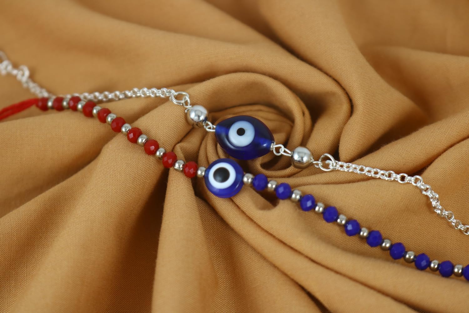 JFL - Jewellery for Less Combo of Handcrafted Evil Eye Unisex Rakhi with Silver and Blue Beaded Design for Bhaiya Bhabhi with Roli Chawal and Written Greeting Note. - Image 3