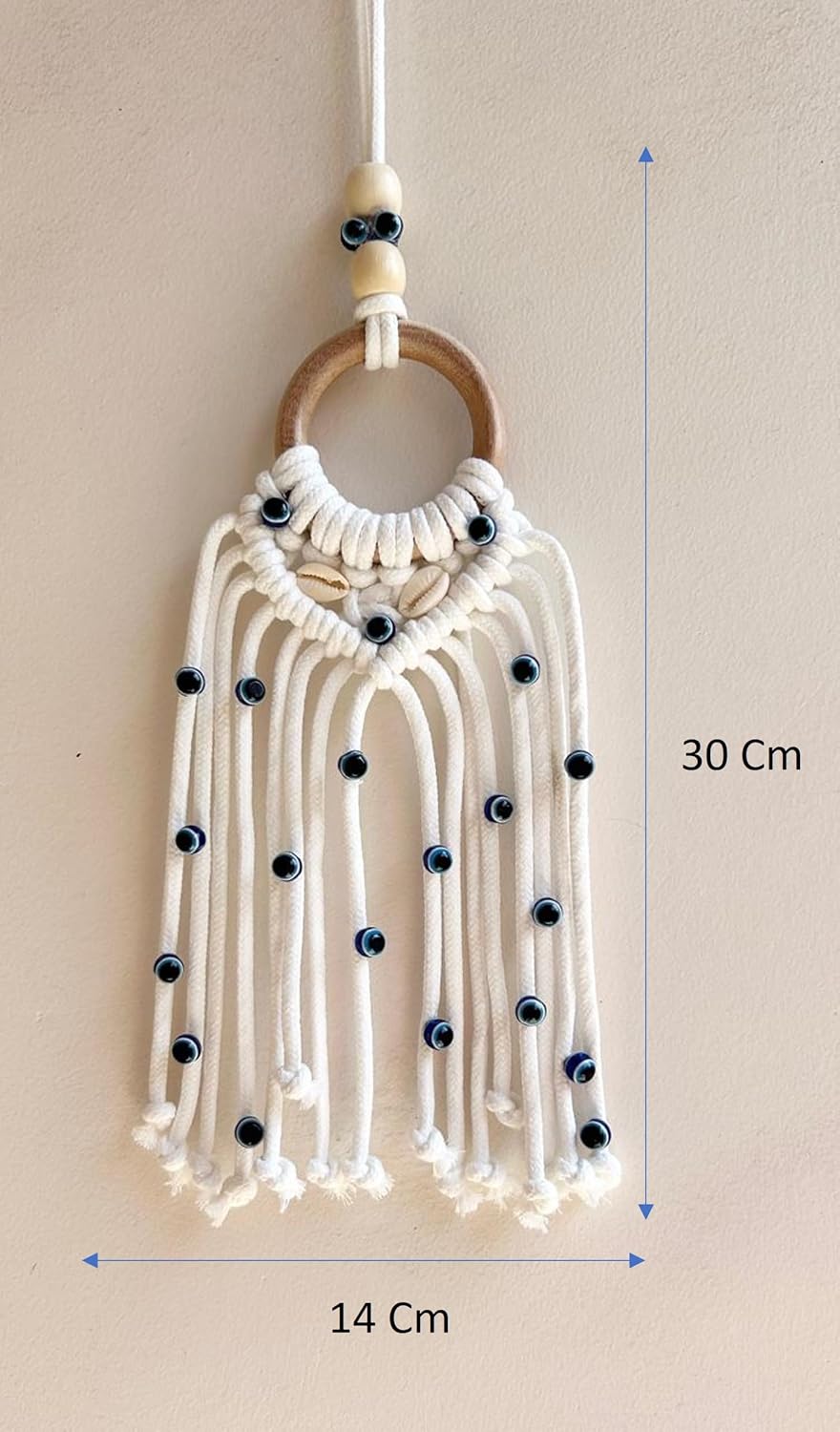 MONGA CREATIONS Turkish Evil Eye Macrame Wall Hanging, Handmade Woven Mystic Dream Catcher, White with Blue Beads, Home Decor Charm - Image 5