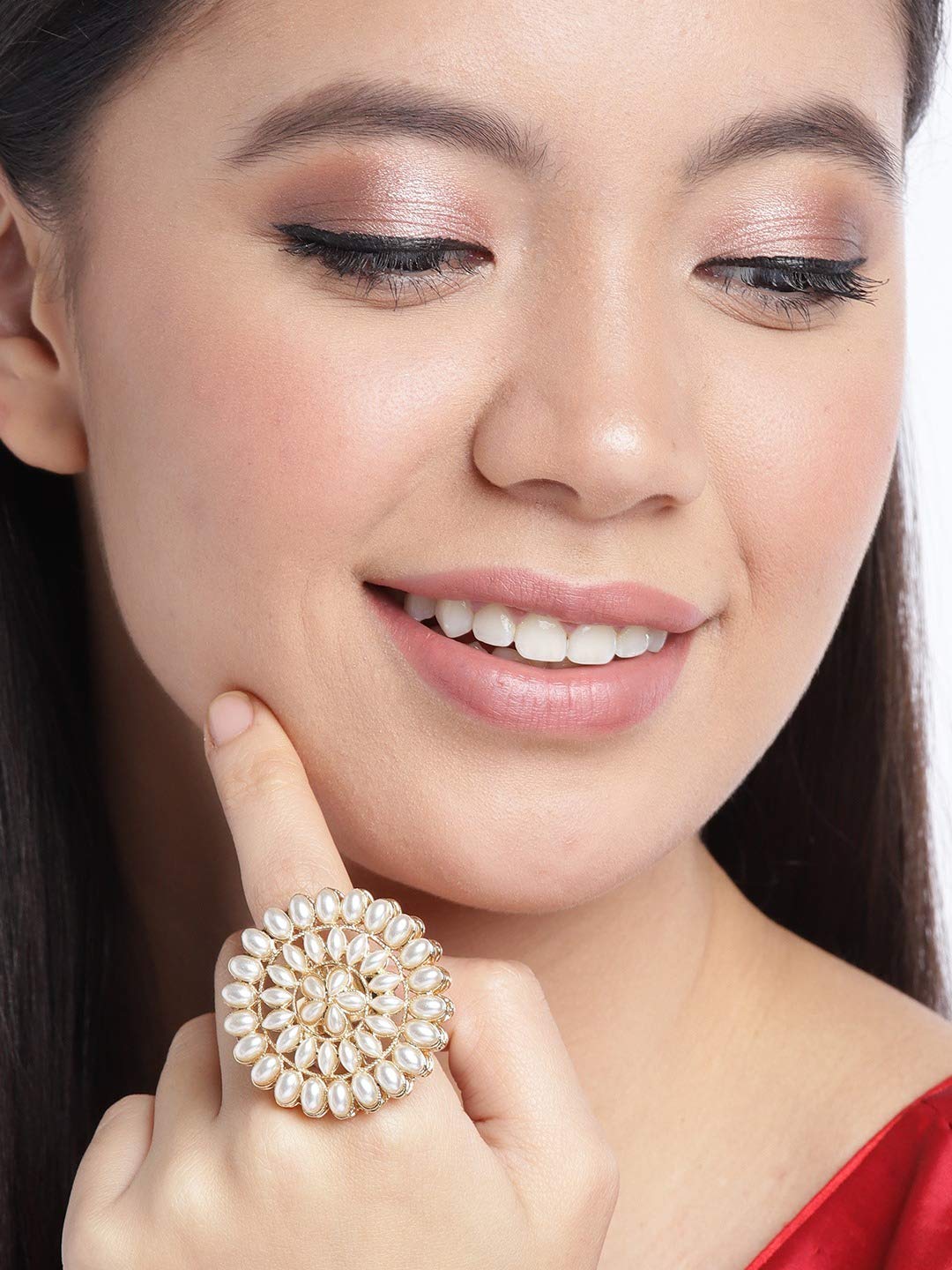 ZAVERI PEARLS Gold Tone Pearls Flower Ethnic Adjustable Finger Ring For Women-ZPFK9537 - Image 4