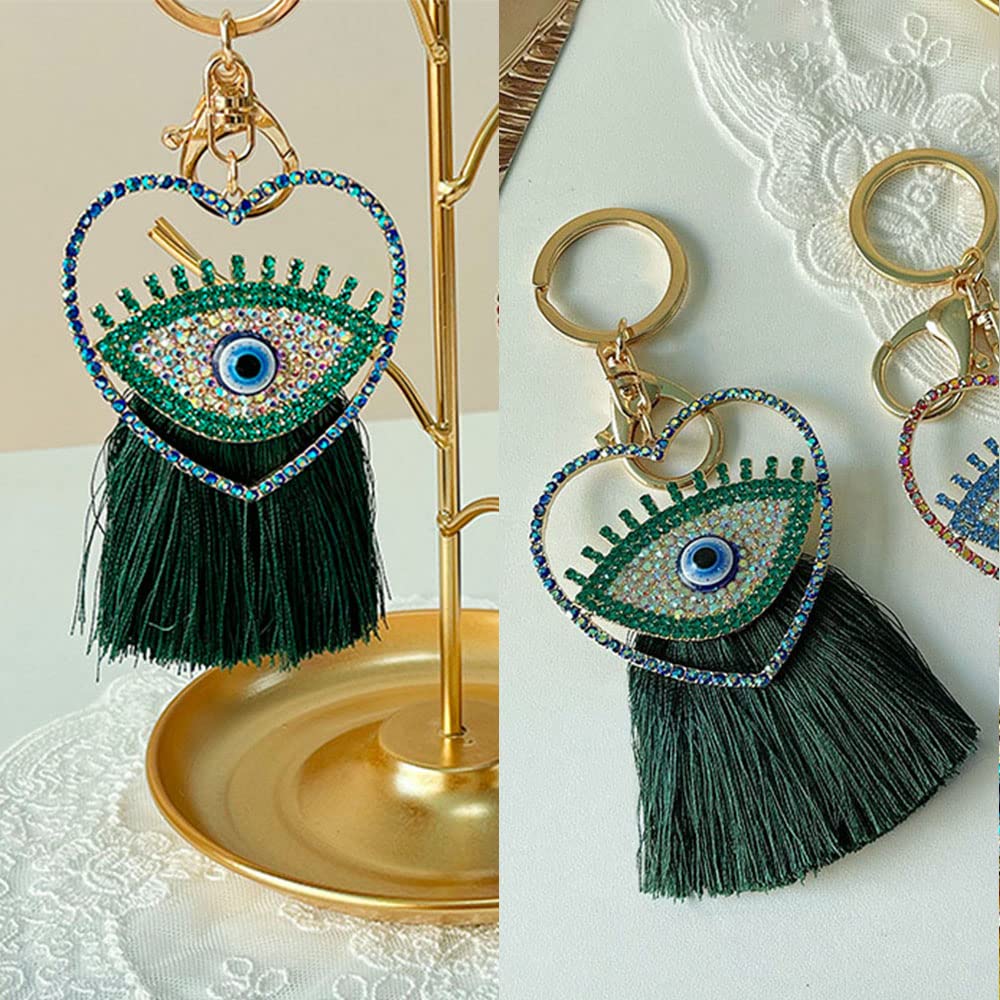YONGYAN Crystal Heart Evil Eye Keychain Charm Pendant Fashion Tassel Cute Car Keyring Handbag Accessories for Women (Green), Green, Small - Image 4