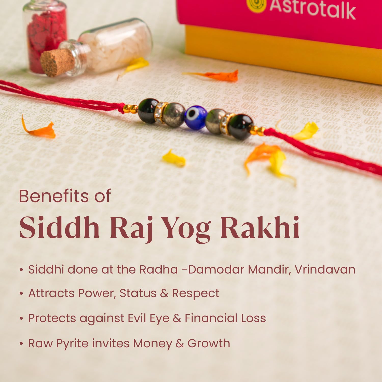 Astrotalk Siddh Raj Yog Rakhi for Brother Combo | Blessed & Energised Pyrite, Evil Eye & Black Obsidian Crystals | Rakhi Gift for Brother with Roli-Chawal | For Wealth & Protection - Image 3