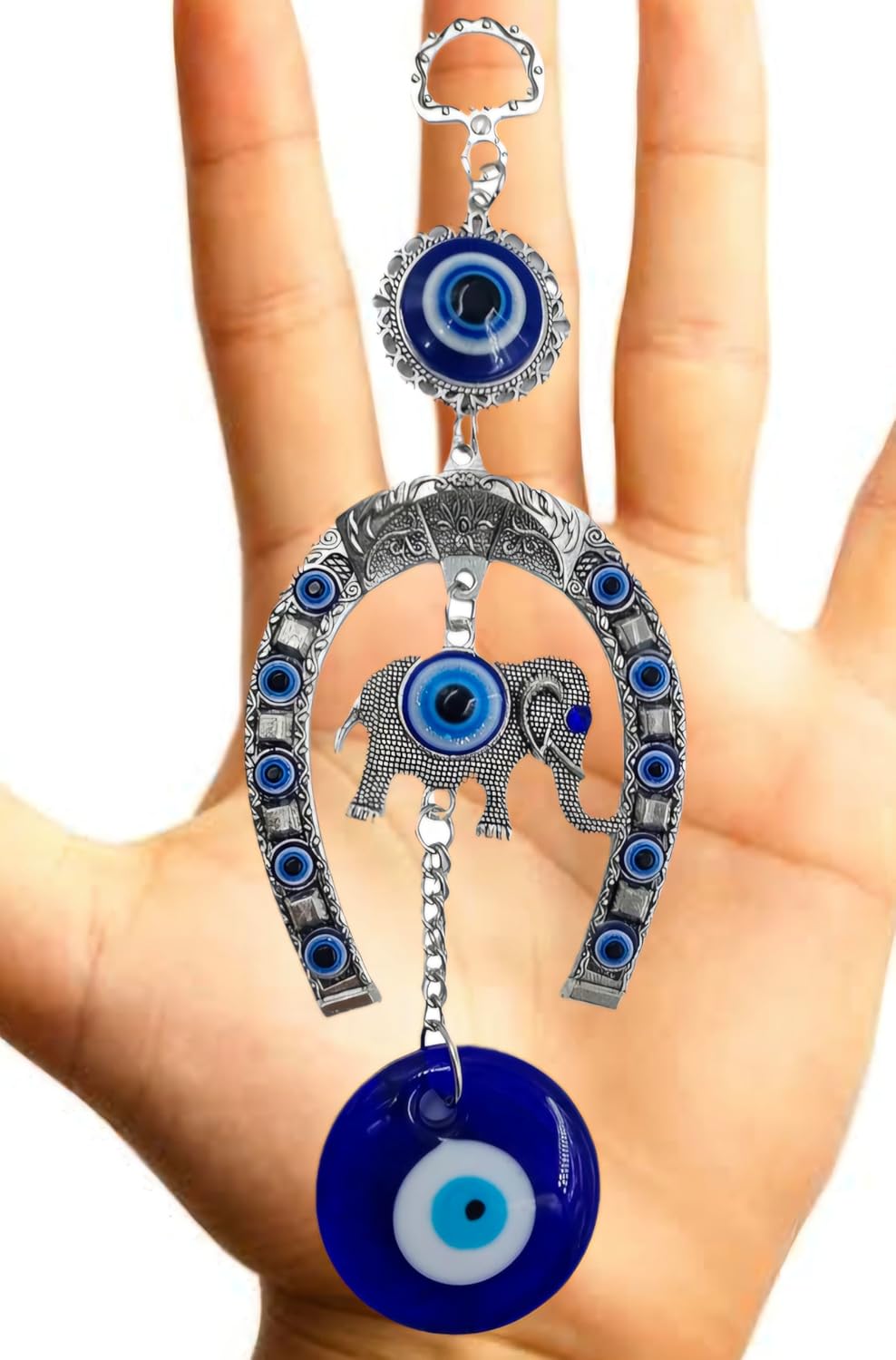 DT DECTONE Stainless Steel Evil Eye Hanging for Home Main Door Entrance, House Door Decoration, Horseshoe with Elephant Nazar Battu for Home Protection, Prosperity at Office and Home, Blue - Image 8