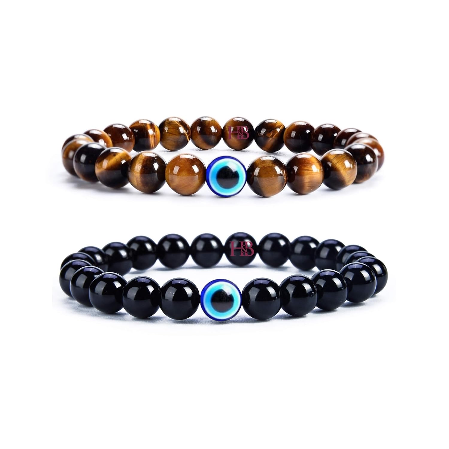 Hot And Bold Unisex-Adult Natural Stone Bead Evil Eye Couple Combo Bracelet Set With Certificate - Embrace Harmony, Protection, And Positive Energy Together (Tiger Eye & Black Agate) - Image 2