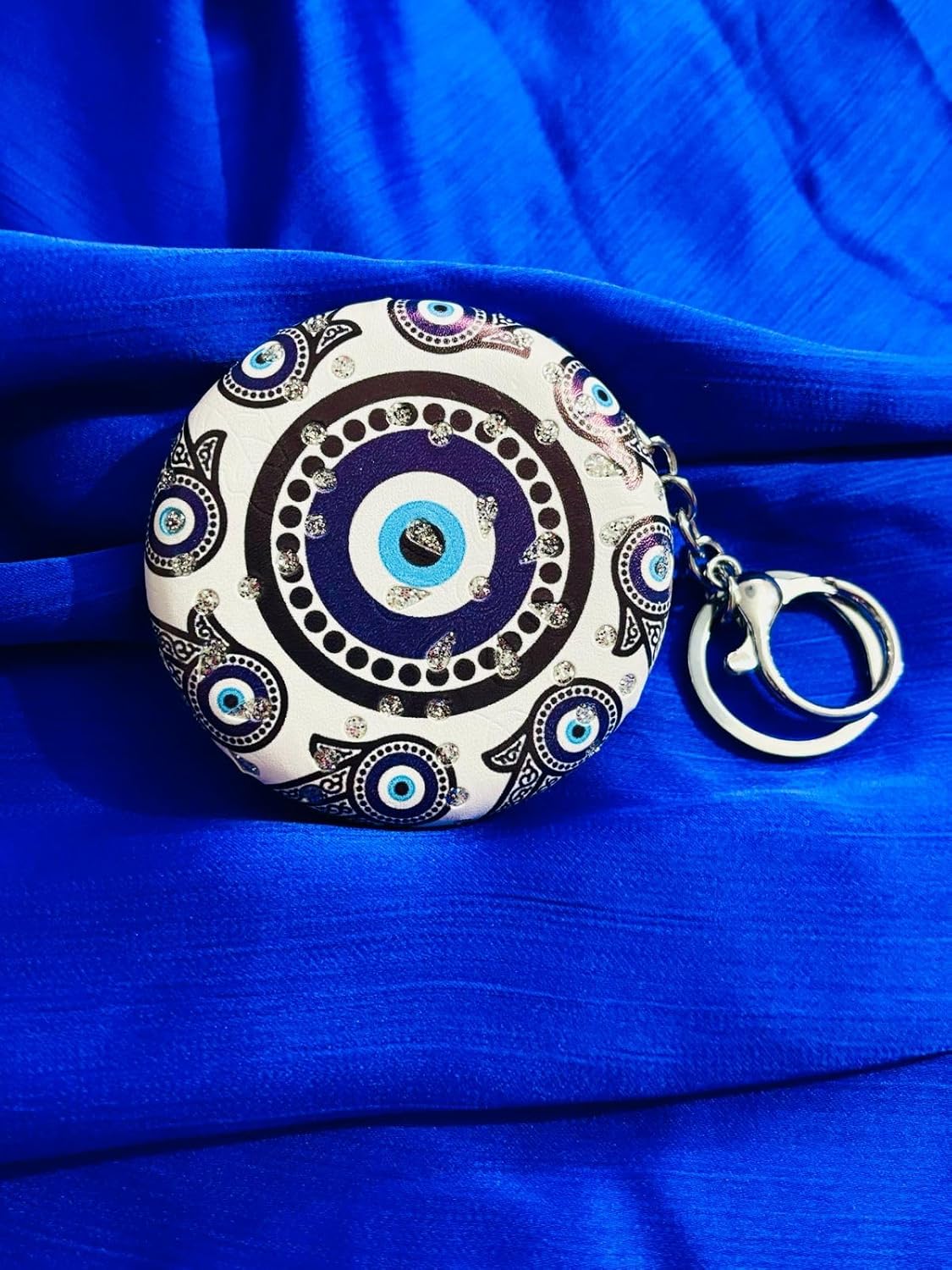Savikaa Bliss Evil Eye Compact Mirror Keychain with foldable mirror, White and Blue Pattern, Decorative Protection Charm for daily use. - Image 5