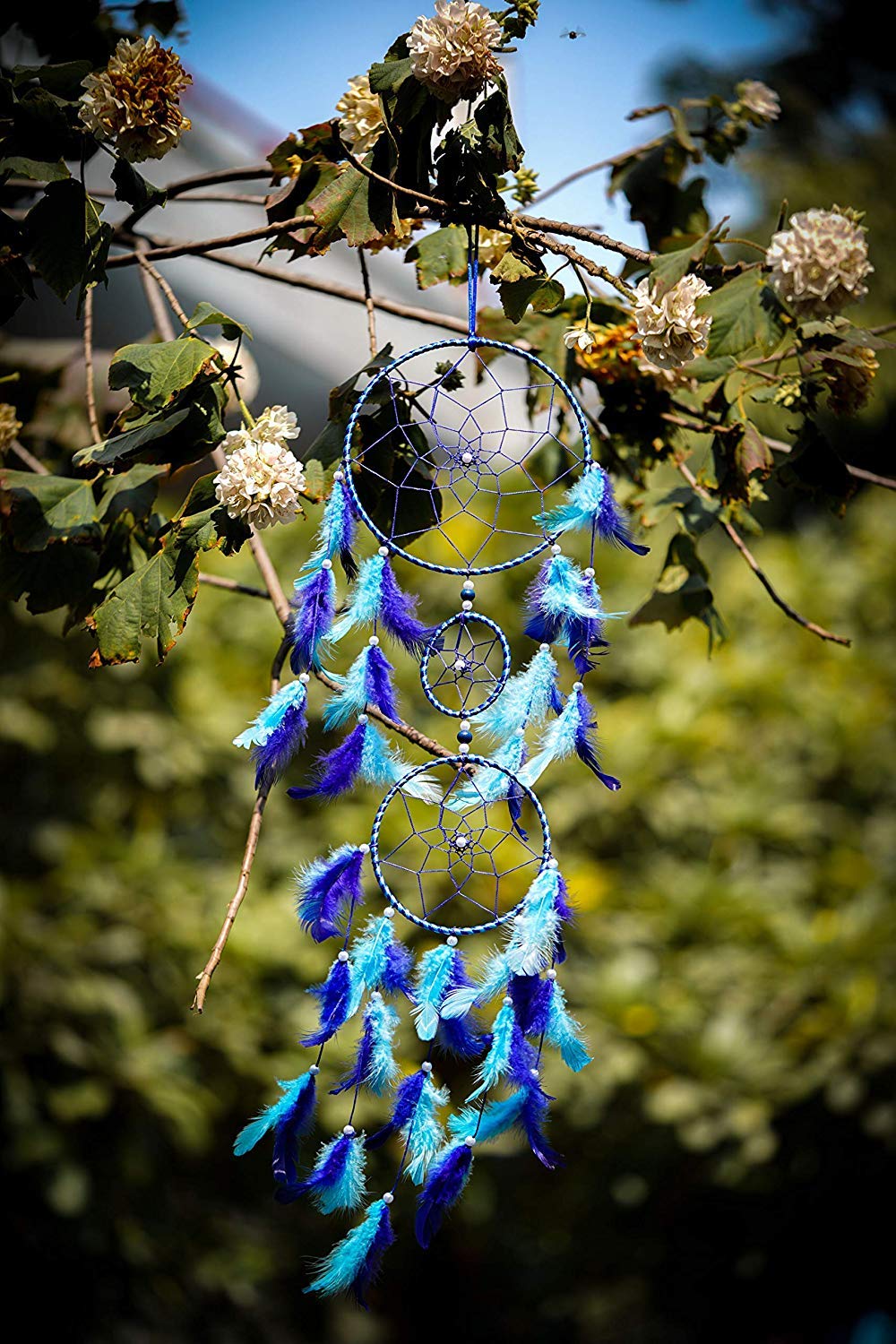 ILU® Dream Catchers, Wall Hangings, Home Decor, Handmade Dreamcatcher for Bedroom, Balcony, Garden, Party, Cafe, Small Ring Beaded Blue & Light Blue Feathers, 17cm Diameter, Length 80cm - Image 4
