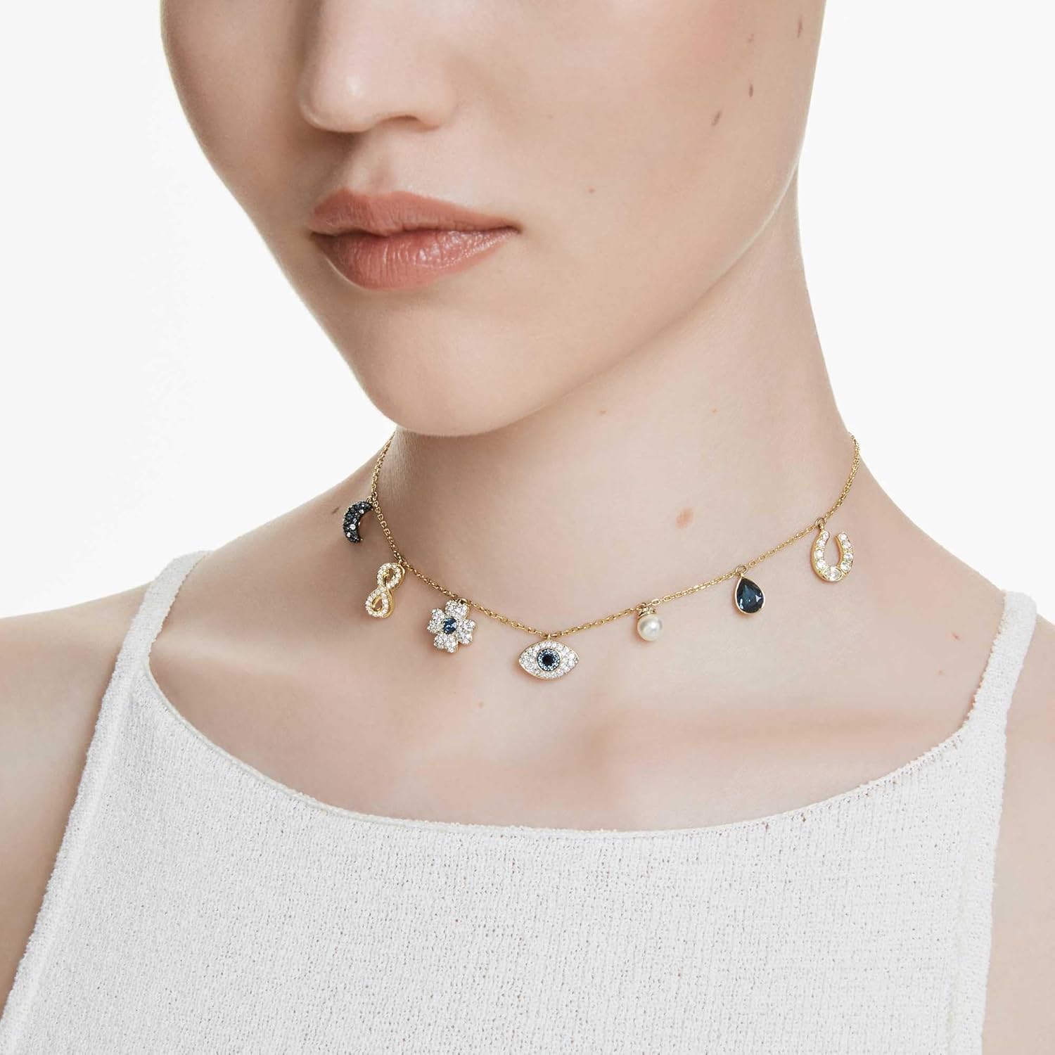 Swarovski Women's Symbolica Choker, Moon, Infinity, Clover, Evil Eye And Horseshoe, Blue, Gold-Tone Plated - Image 6