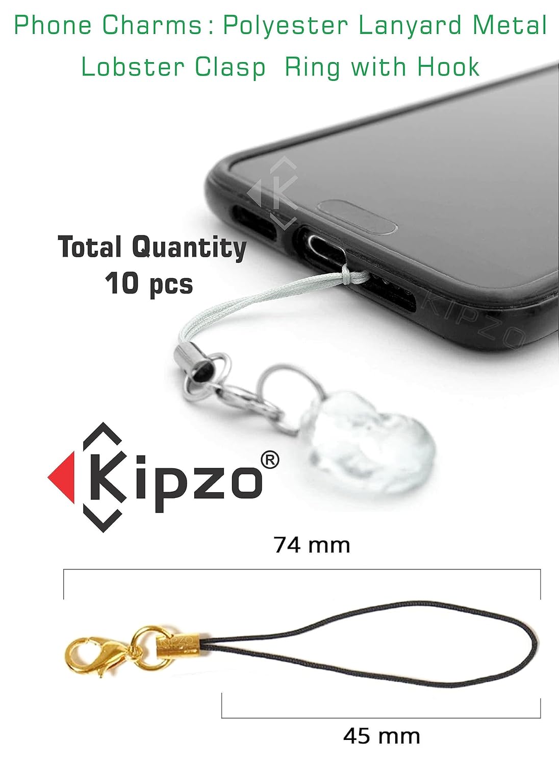 KIPZO® Black Pack of 10 pcs Phone Strap Charm lobster clasp for cell phone Cover keyring Pendrive Badge Holders Charm DIY Jewellery straps thread Ring with Hook smart round zip carry case pouch - Image 4