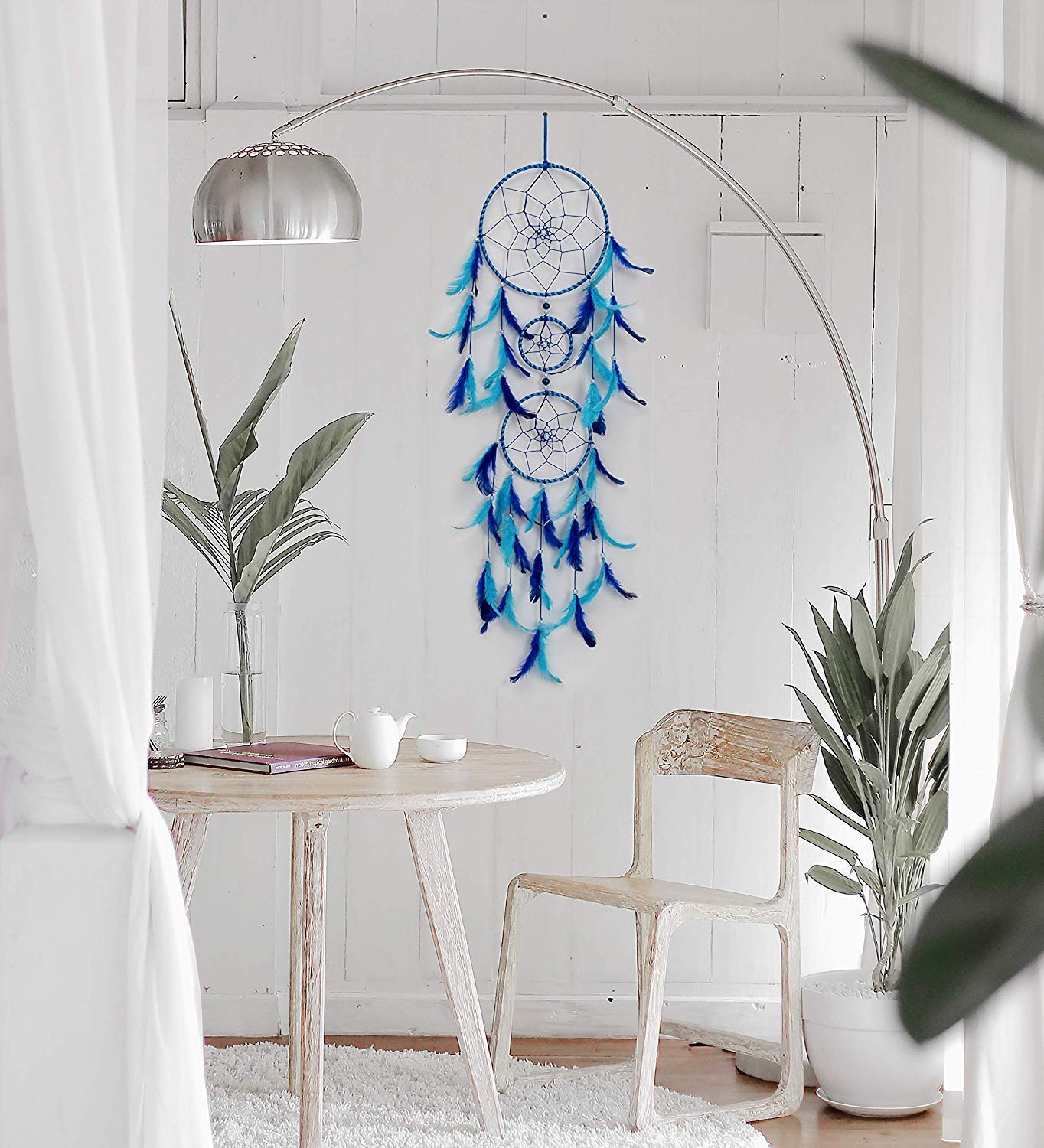 ILU® Dream Catchers, Wall Hangings, Home Decor, Handmade Dreamcatcher for Bedroom, Balcony, Garden, Party, Cafe, Small Ring Beaded Blue & Light Blue Feathers, 17cm Diameter, Length 80cm - Image 3