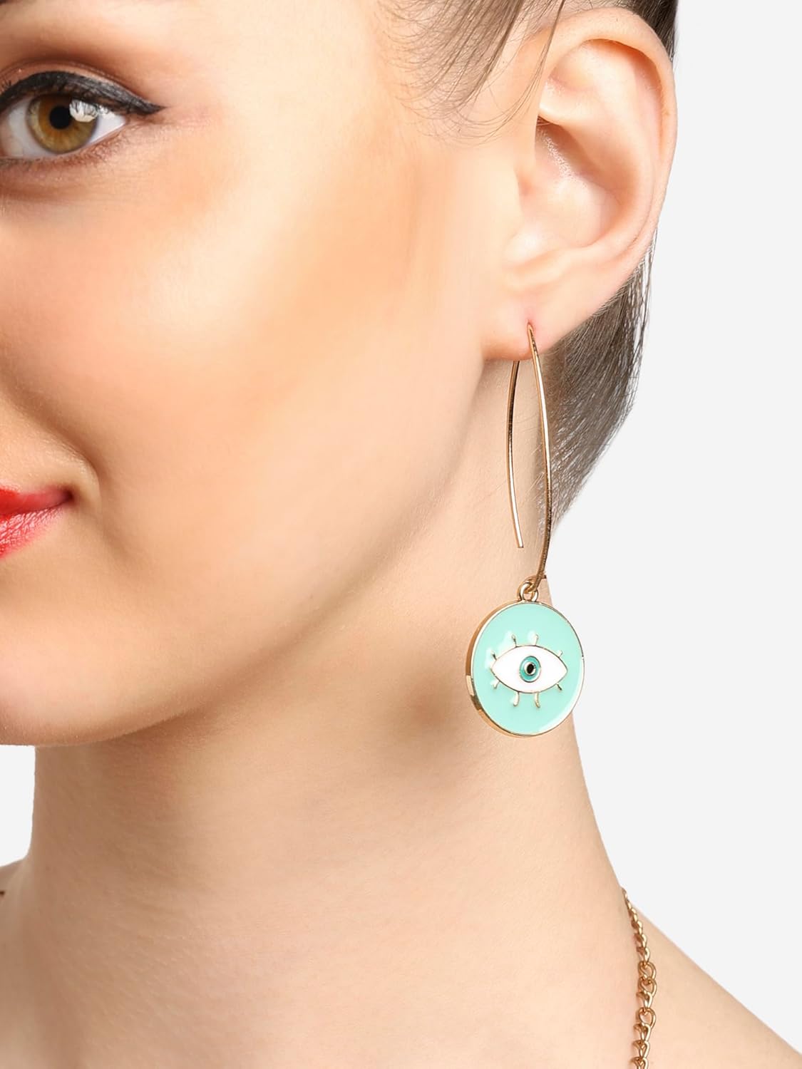 Zaveri Pearls Mint Green & White Enamelled Evil Eye Round Shape Contemporary Drop Earring For Women-ZPFK16810 - Image 4