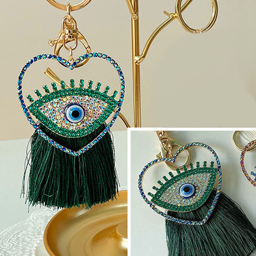 YONGYAN Crystal Heart Evil Eye Keychain Charm Pendant Fashion Tassel Cute Car Keyring Handbag Accessories for Women (Green), Green, Small - Image 6