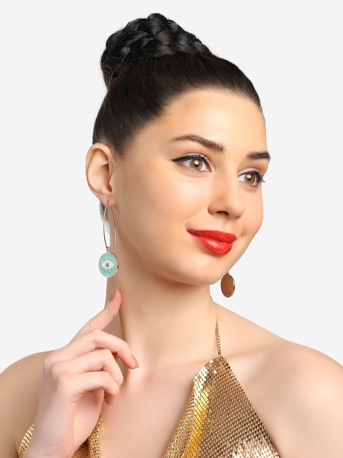 Zaveri Pearls Mint Green & White Enamelled Evil Eye Round Shape Contemporary Drop Earring For Women-ZPFK16810 - Image 6