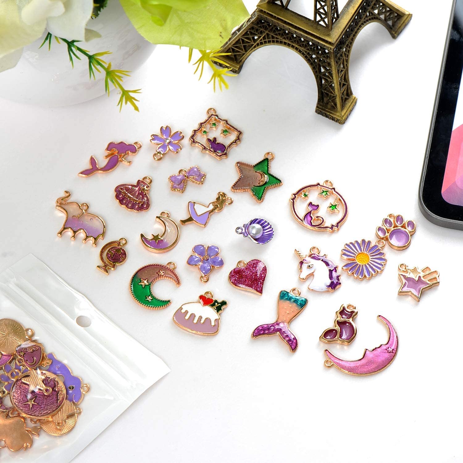 Street27® 1 Set 31pcs DIY Mixed Assorted Gold Plated Enamel Charm Unicorn Flower Dress Fish Shell Moon Star Animals Pendant DIY for Necklace Bracelet Jewelry Making and Crafting Charms - Image 4