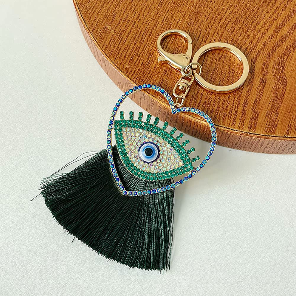 YONGYAN Crystal Heart Evil Eye Keychain Charm Pendant Fashion Tassel Cute Car Keyring Handbag Accessories for Women (Green), Green, Small - Image 3