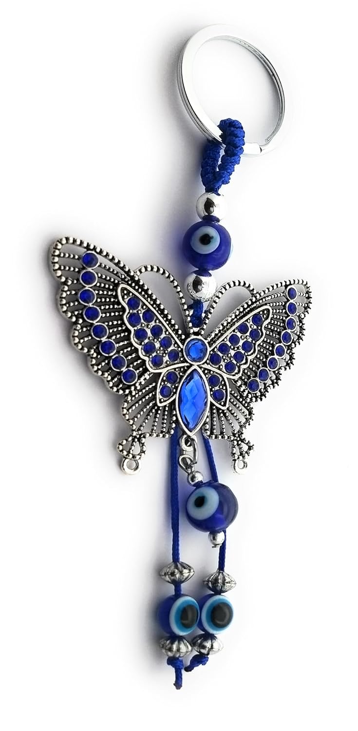 Beautiful Butterfly Evil Eye Good Luck Crystal Metal Keychain for Home Office Car Bike (Blue and Silver) - Image 6