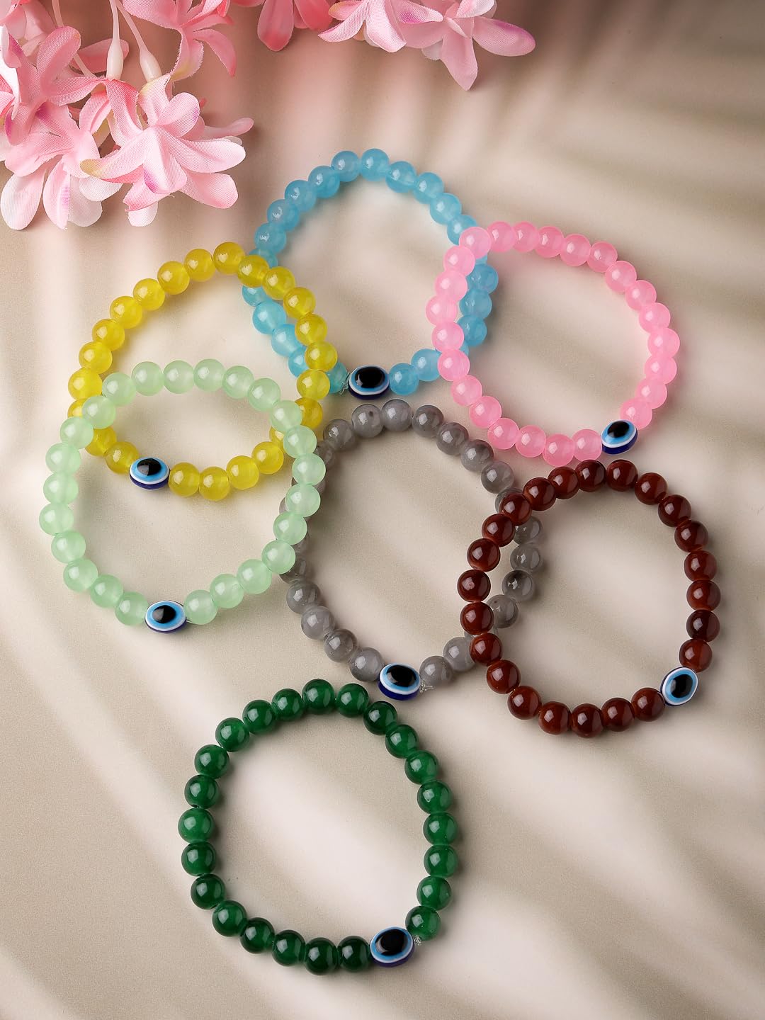 NVR Unisex Set Of 7 colors Crystals Beaded Evil Eye Elasticated Bracelet For Women; Girls ; Boys| 8mm beads| Ideal gift for valentine, new year, birthday, collage|Bohimian Look| Modern - Image 3
