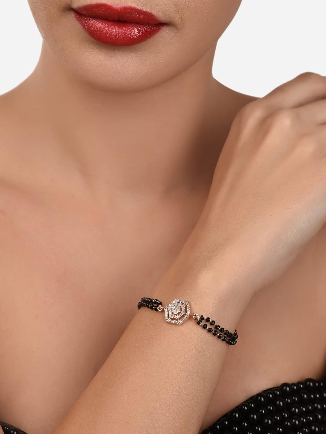 ZAVERI PEARLS Rose Gold Contemporary Cubic Zirconia Mangalsutra Bracelet For Women-ZPFK12639 - Image 4