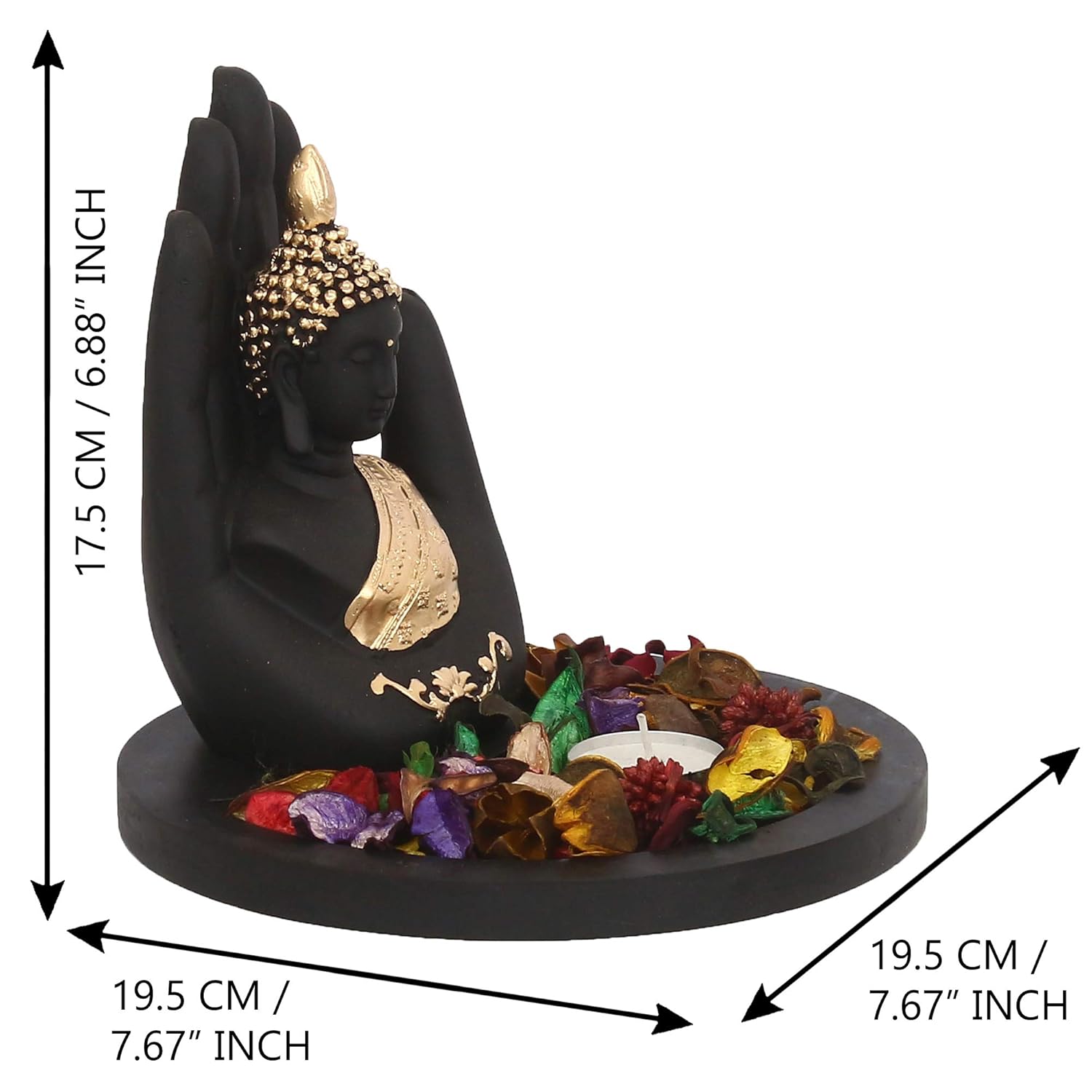 eCraftIndia Black Golden Resin Palm Buddha Statue Tea Light Holder| Lord Buddha Statue for Living Room| Gautam Buddha Idol for Home Decor|God Idol Showpiece Gift for Diwali Buddha Purnima Housewarming - Image 3