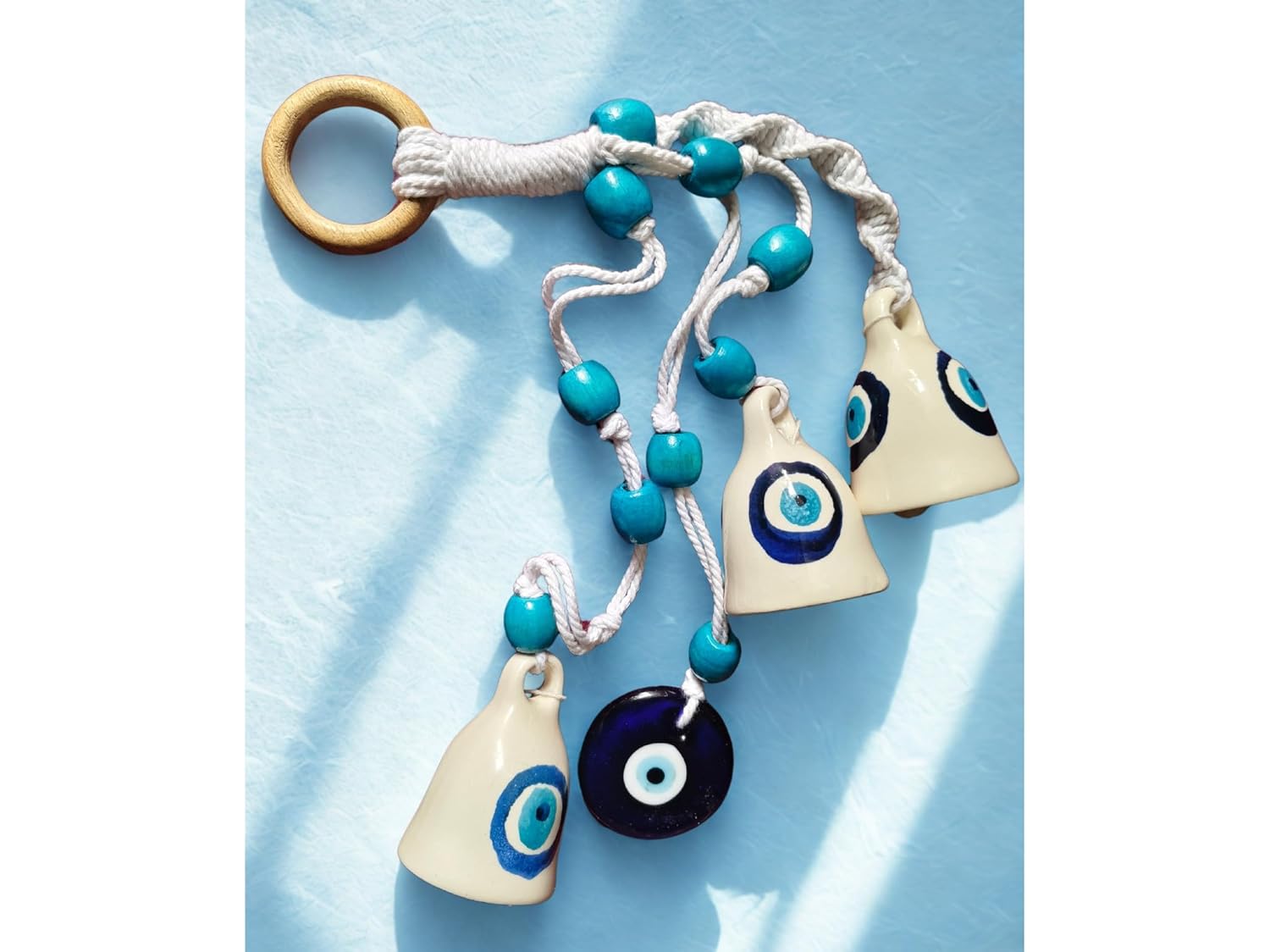 Shopping Shots Macrame Symphony Chimes | 3 Evil Eye (mini) Bells (Height 3 inches) & 1 Glass Made Evil Eye Pendant Hand Knitted with Macrame Threads and Colorful Beads. Ceramic Hook Included - Image 3