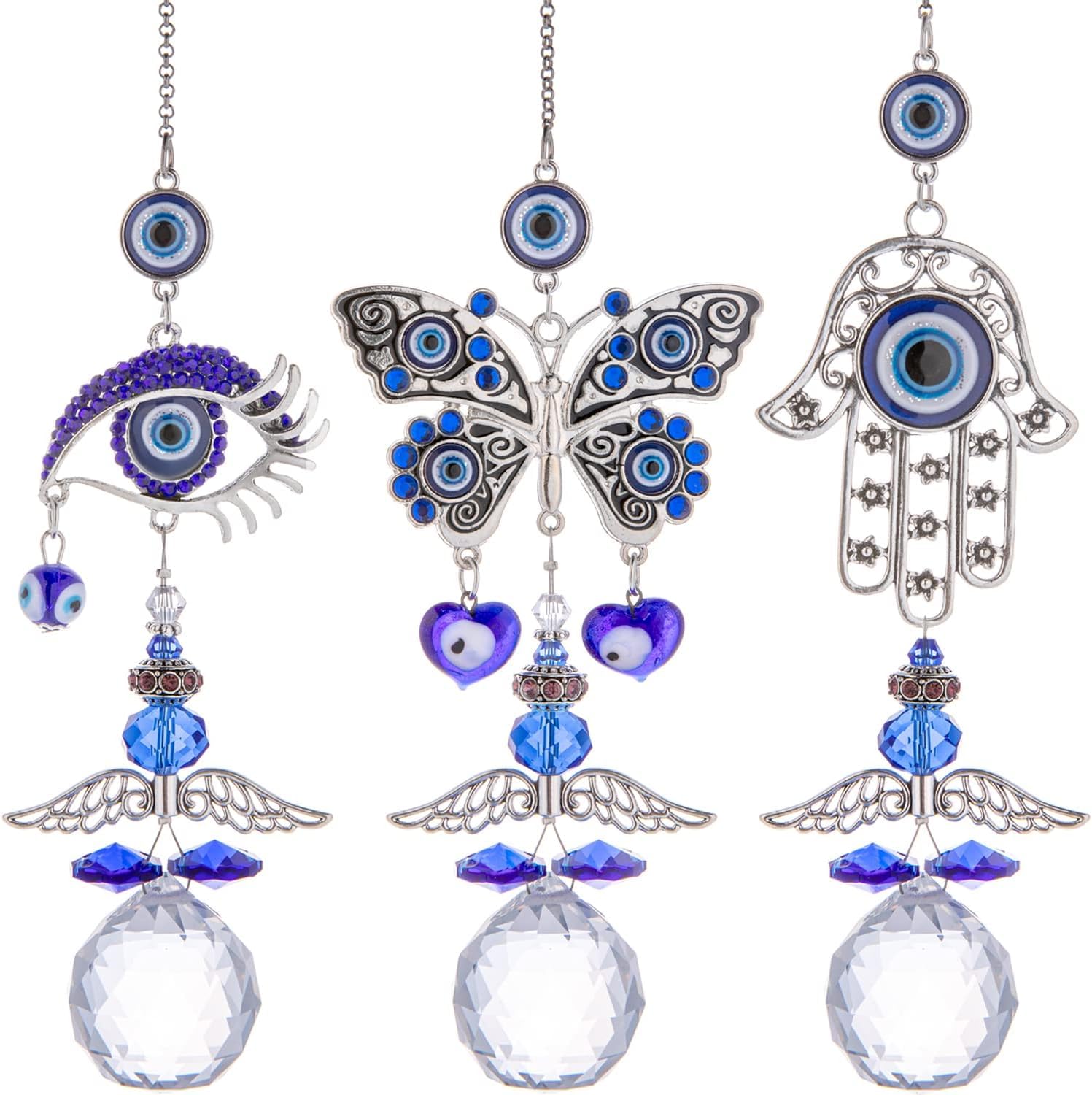 BLUE BEADS 3 PCS Home Decor Evil Eye Hamsa Hanging Wall Hanging Car Hanging Suncatcher with Crystals Balls Prism Rainbow Maker for Home, Office, Garden Decoration, Window Decorations - Image 2